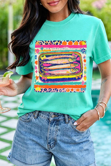 Mint Green Vibrant Sardine Fish Printed Casual Round Neck Tee