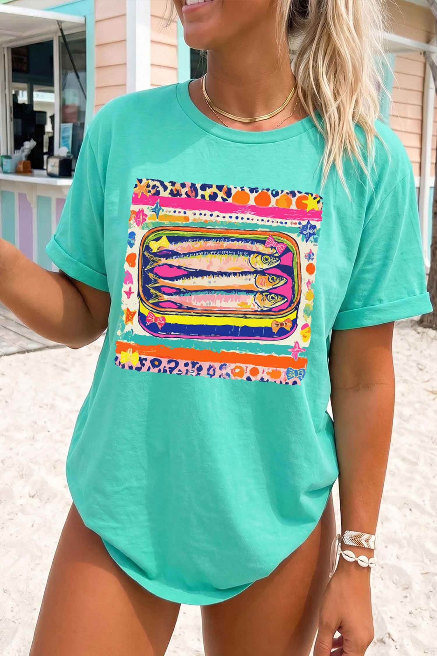 Mint Green Vibrant Sardine Fish Printed Casual Round Neck Tee
