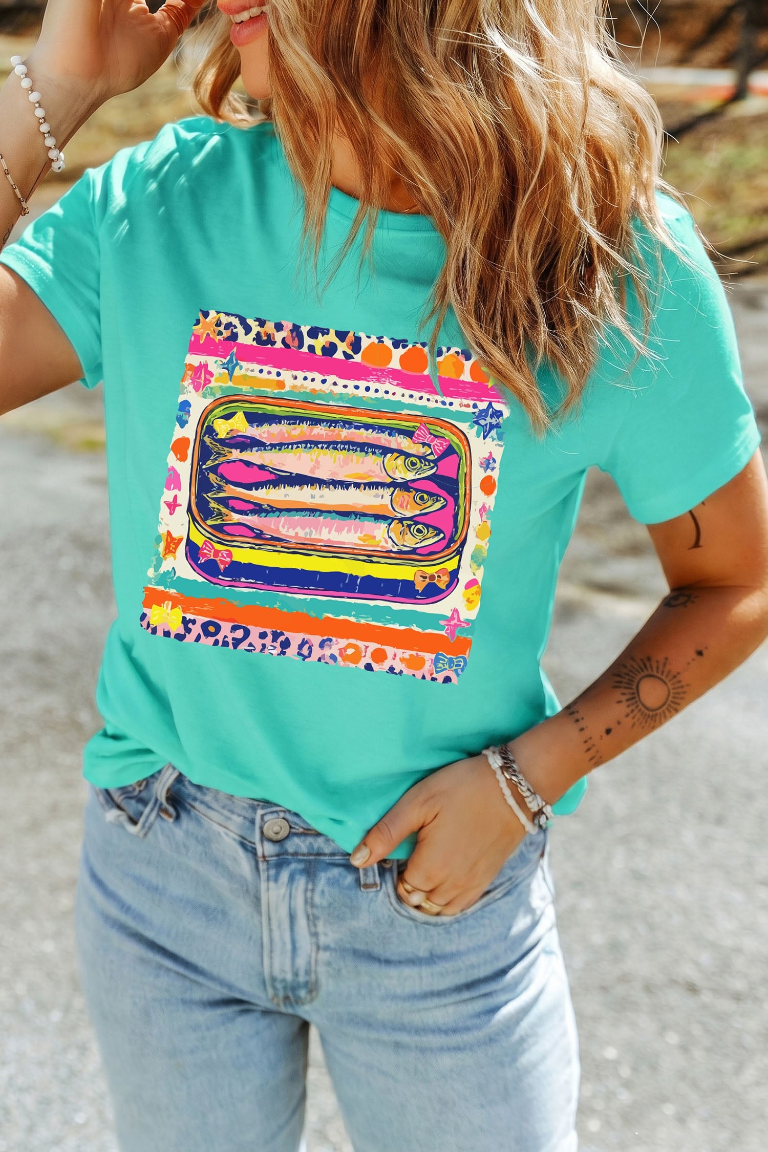 Mint Green Vibrant Sardine Fish Printed Casual Round Neck Tee