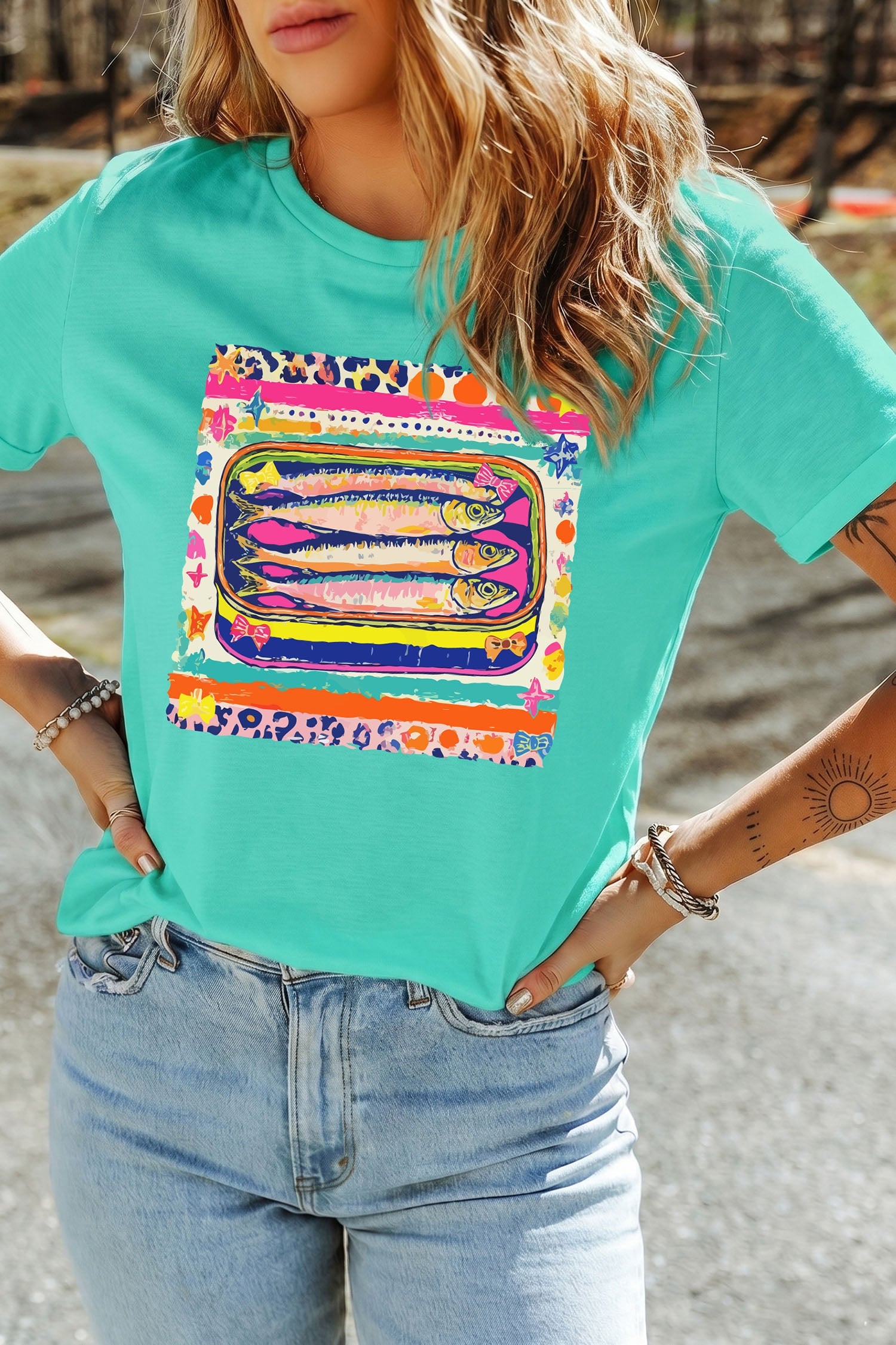 Mint Green Vibrant Sardine Fish Printed Casual Round Neck Tee