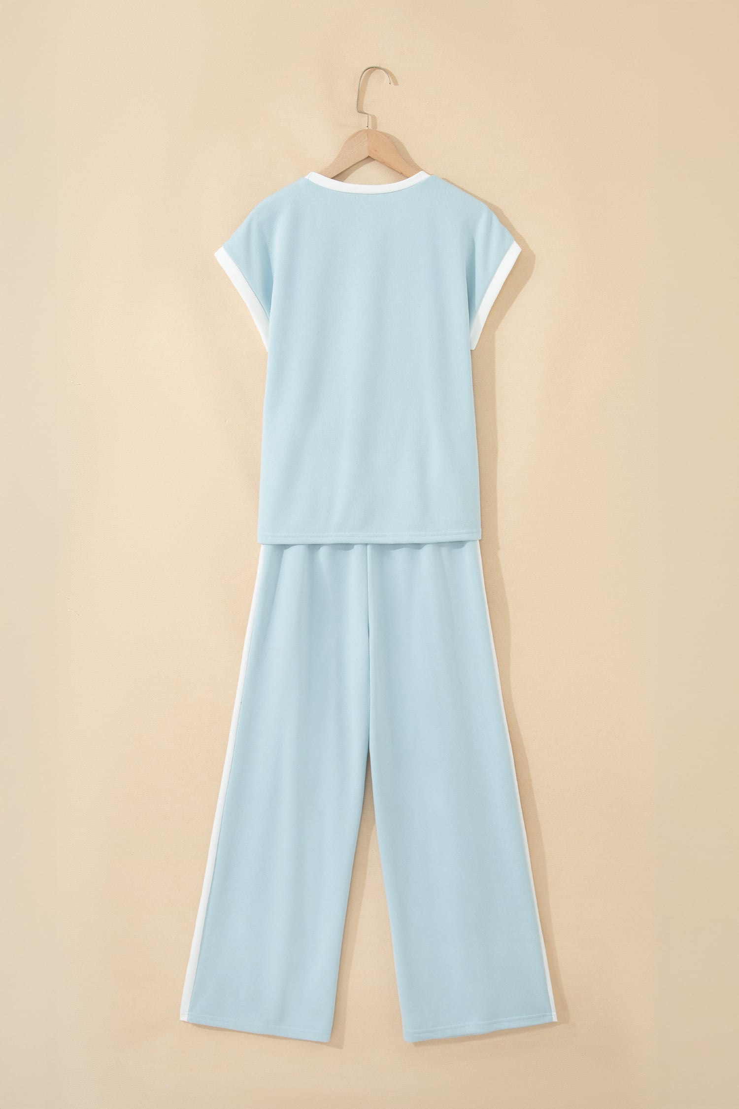 Mist Blue Contrast Trim Round Neck Pocketed Boxy Tank Top Wide Leg Pant Set