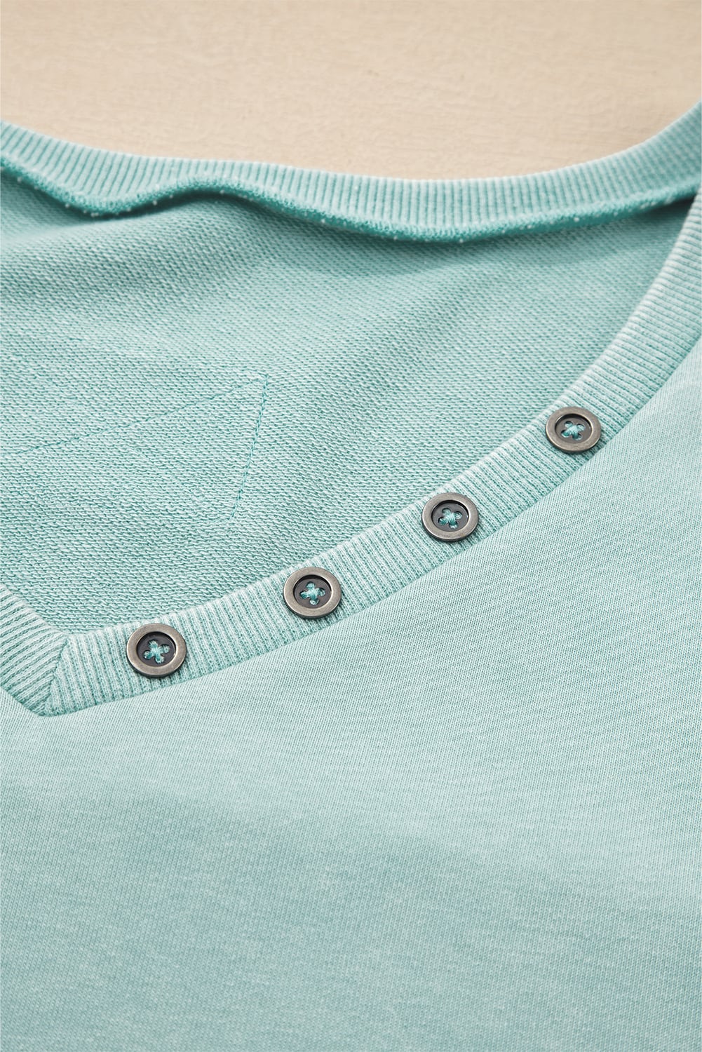 Mist Blue Mineral Wash Exposed Seam Buttoned V Neck Pullover Top