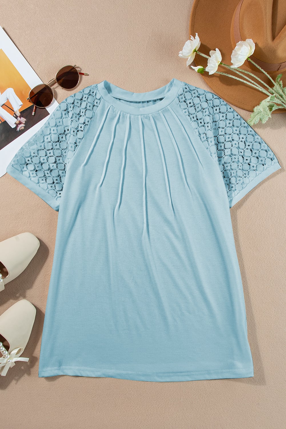 Mist Blue Seamed Detail Contrast Lace Raglan Sleeve Tee