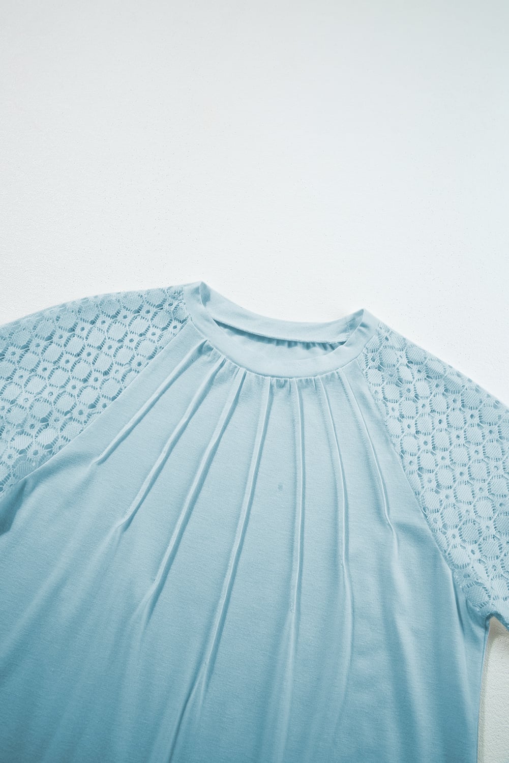 Mist Blue Seamed Detail Contrast Lace Raglan Sleeve Tee