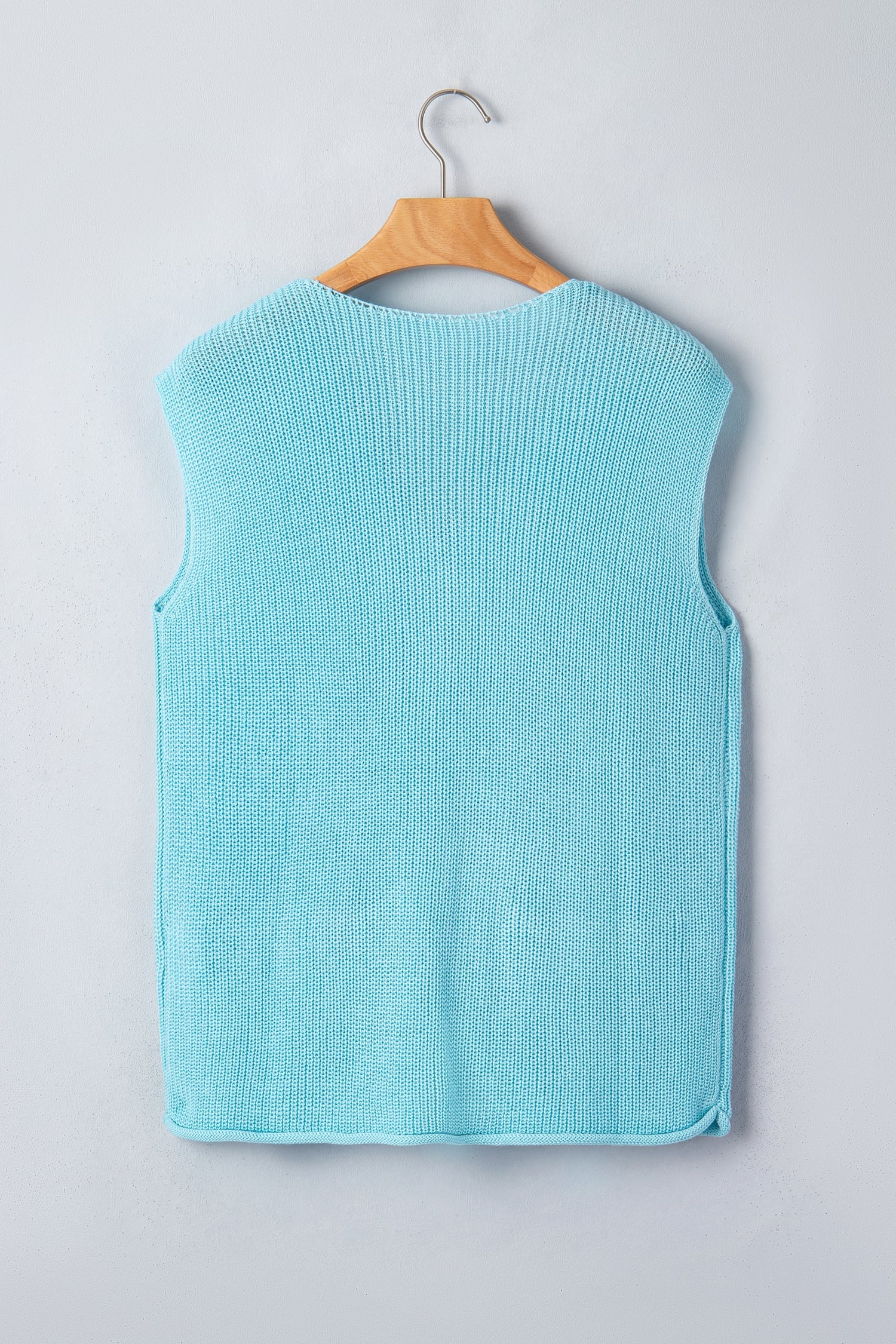 Mist Blue Solid Color Knit V Neck Button Front Sweater Vest