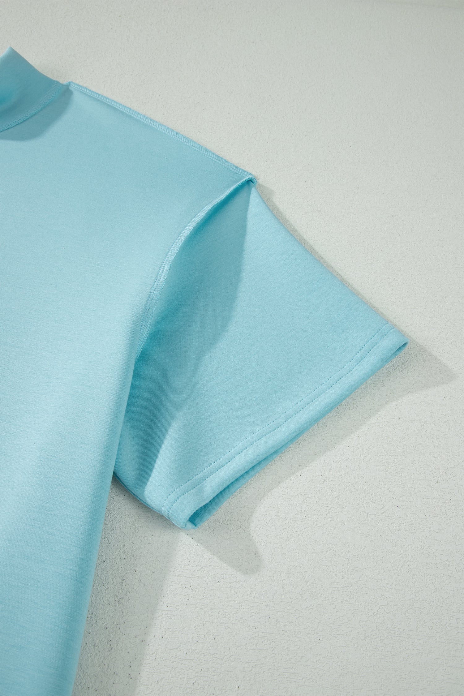 Mist Blue Solid Color Mock Neck Half Sleeve Top Plus Size 2pcs Short Set