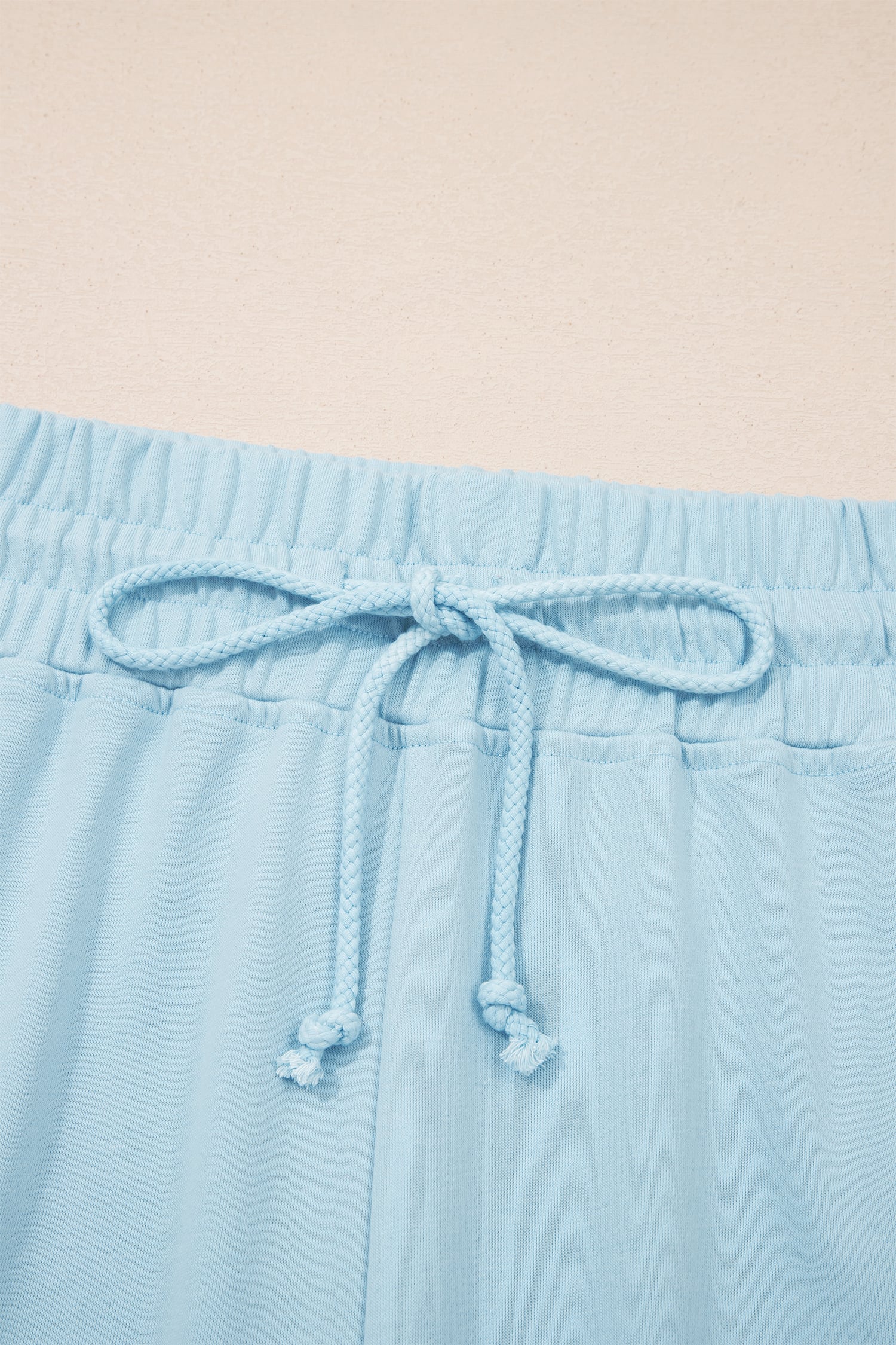 Mist Blue Solid Color Ribbed Trim Short Sleeve Top Drawstring Loose Pants 2pcs Outfit