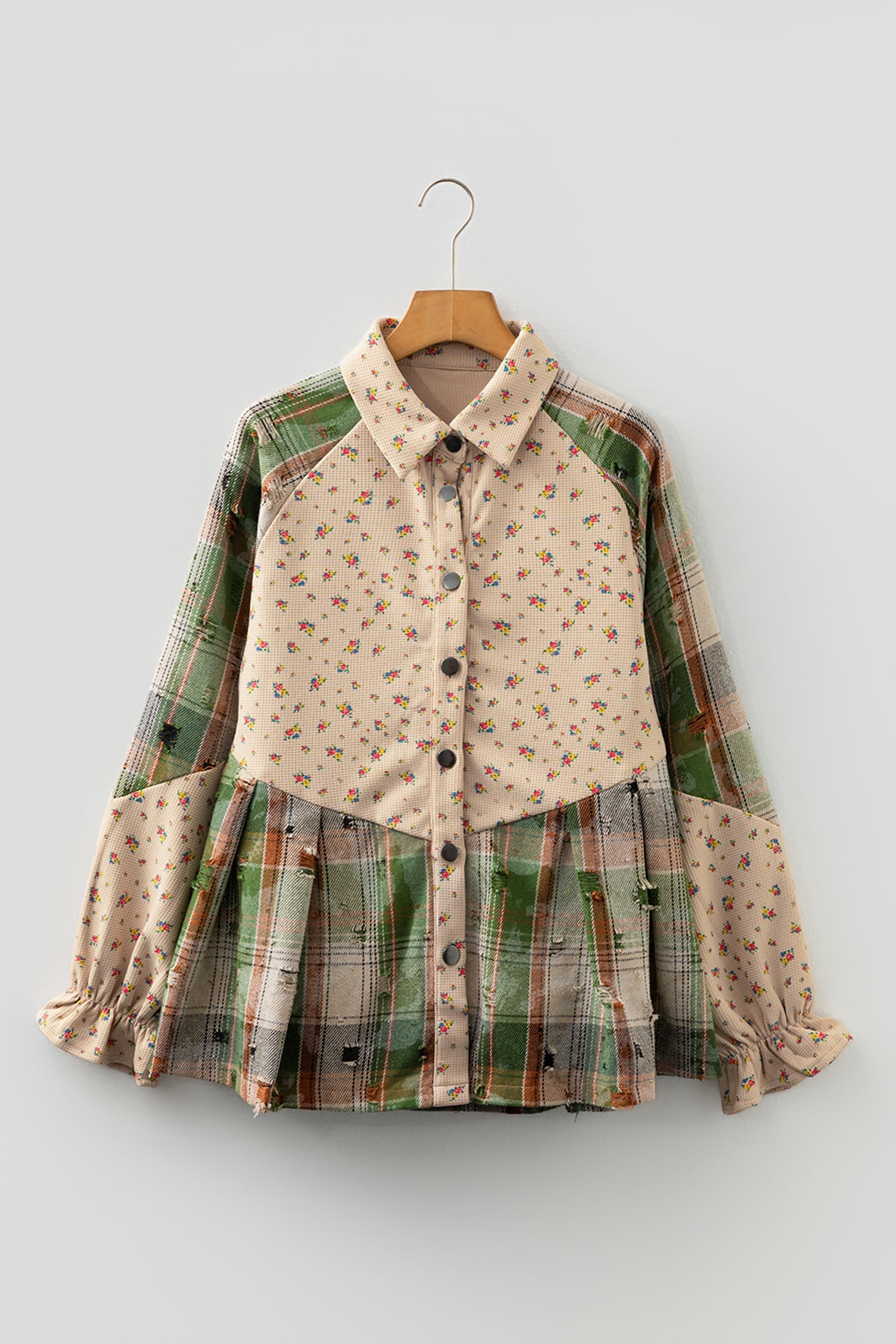 Mist Green Boho Floral Plaid Patchwork Distressed Detail Ruffled Sleeve Waffle Knit Shacket