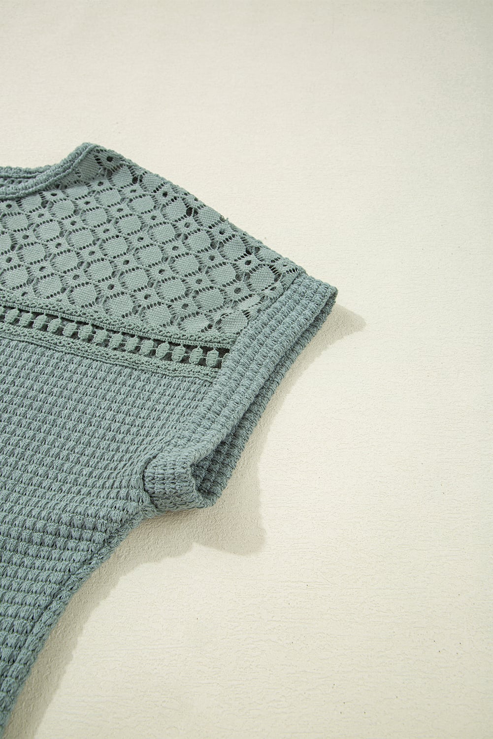 Mist Green Lace Patchwork Waffle Short Sleeve Top