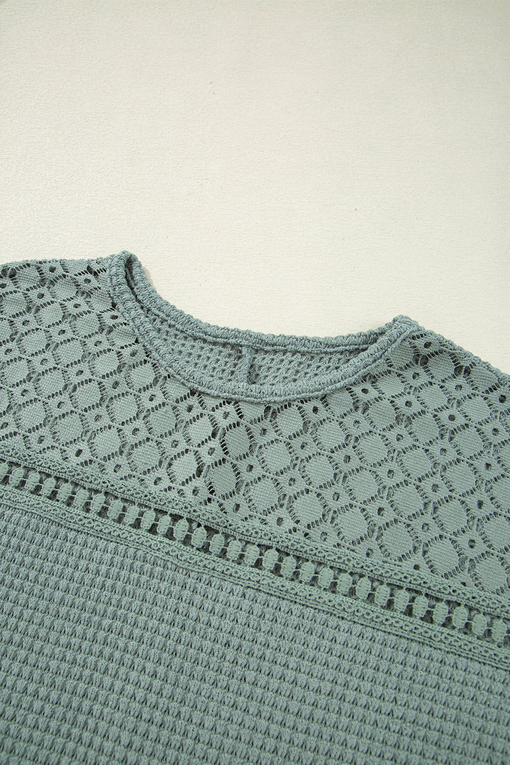Mist Green Lace Patchwork Waffle Short Sleeve Top