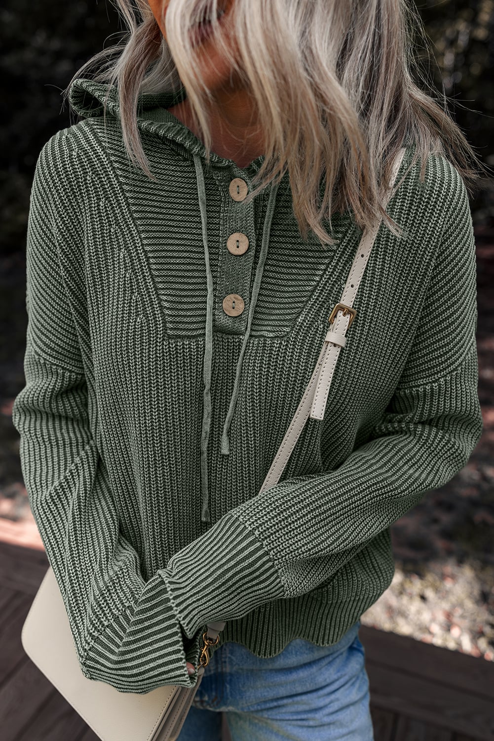 Mist Green Mineral Wash Ribbed Knit Button Drawstring Neck Hooded Sweater