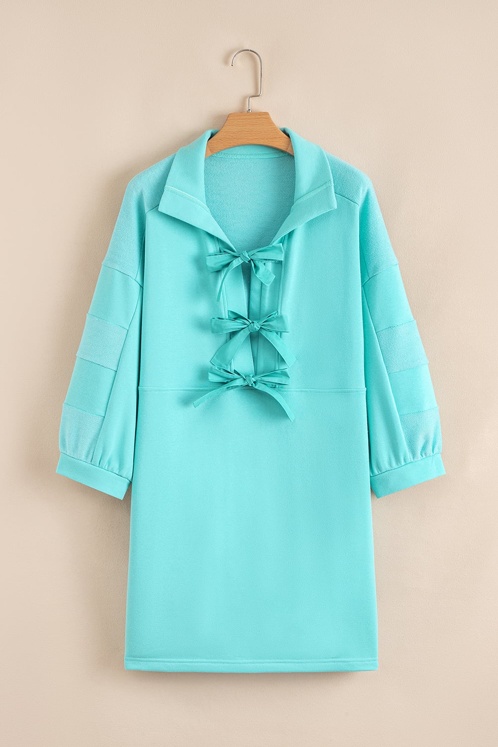 Moonlight Jade Bow Front Bracelet Sleeve Collared Side Pocket Shift Mini Dress