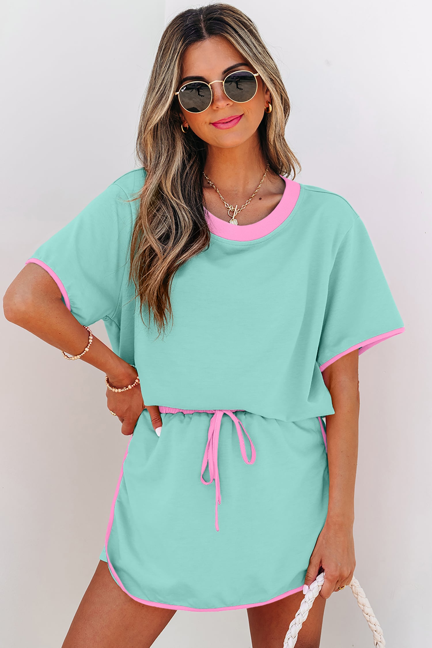 Moonlight Jade Colorblock Edge Drop Shoulder T Shirt and Skort 2Pcs Set