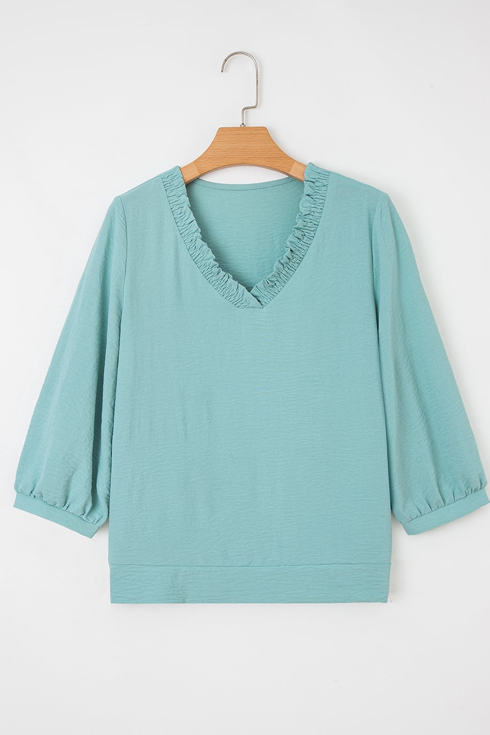 Moonlight Jade Frilled V Neckline Bracelet Sleeve Crinkled Blouse