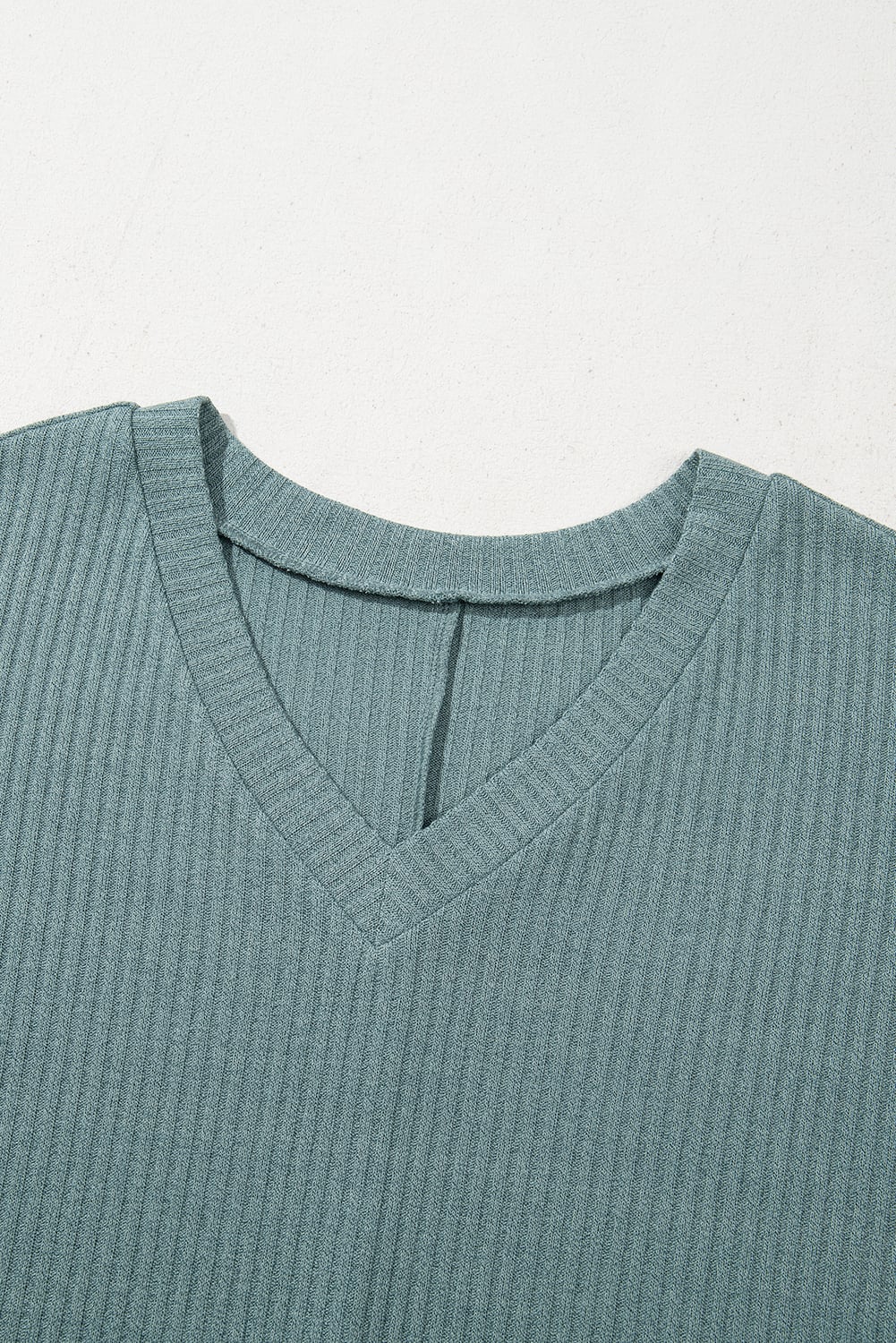 Moonlight Jade Oversized Ribbed Knit V Neck Dolman Short Sleeve Top