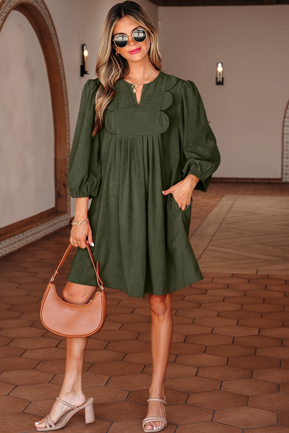 Moss Green Bracelet Sleeve Split Neck Scallop Detail Pleated Corduroy Mini Dress