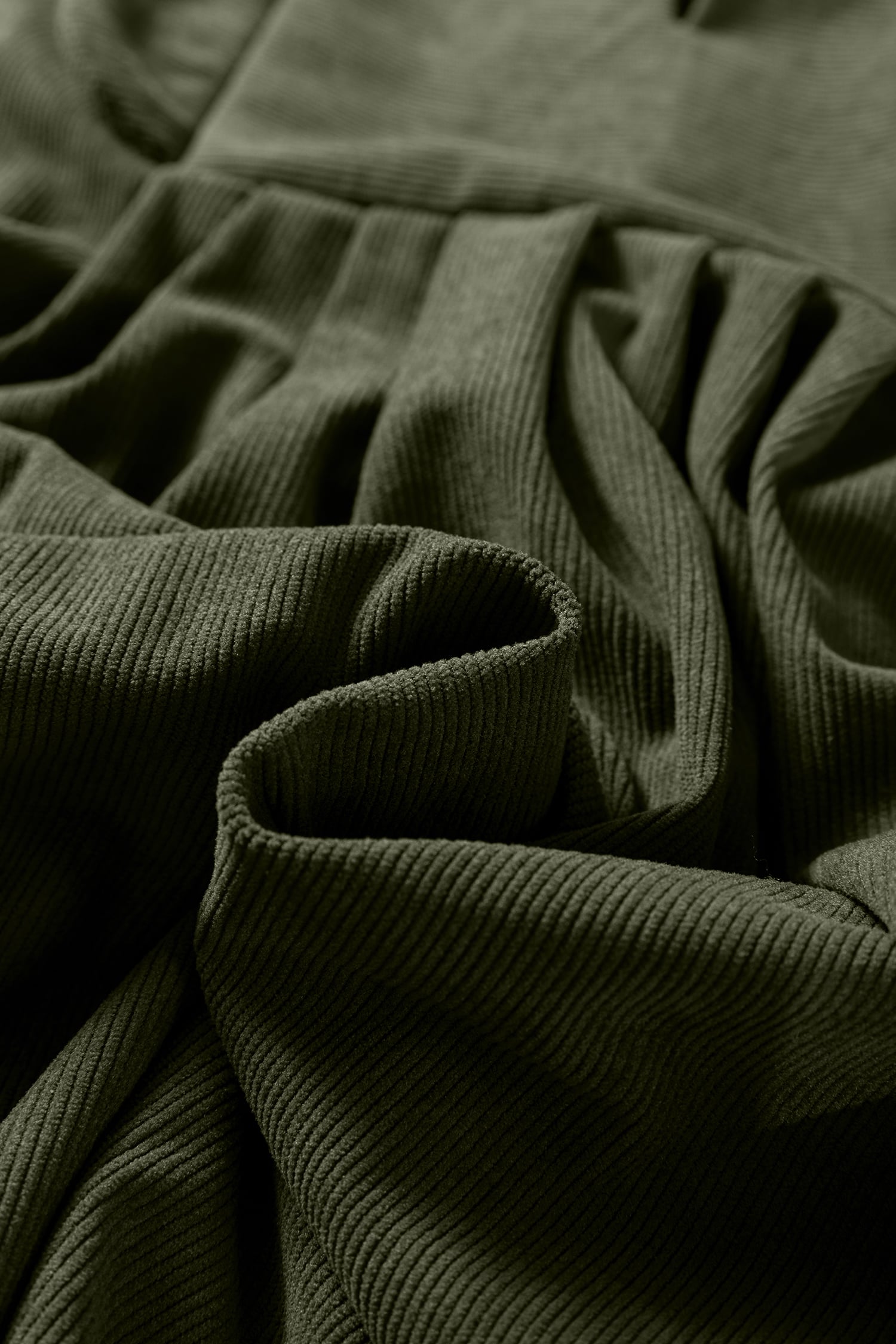 Moss Green Bracelet Sleeve Split Neck Scallop Detail Pleated Corduroy Mini Dress