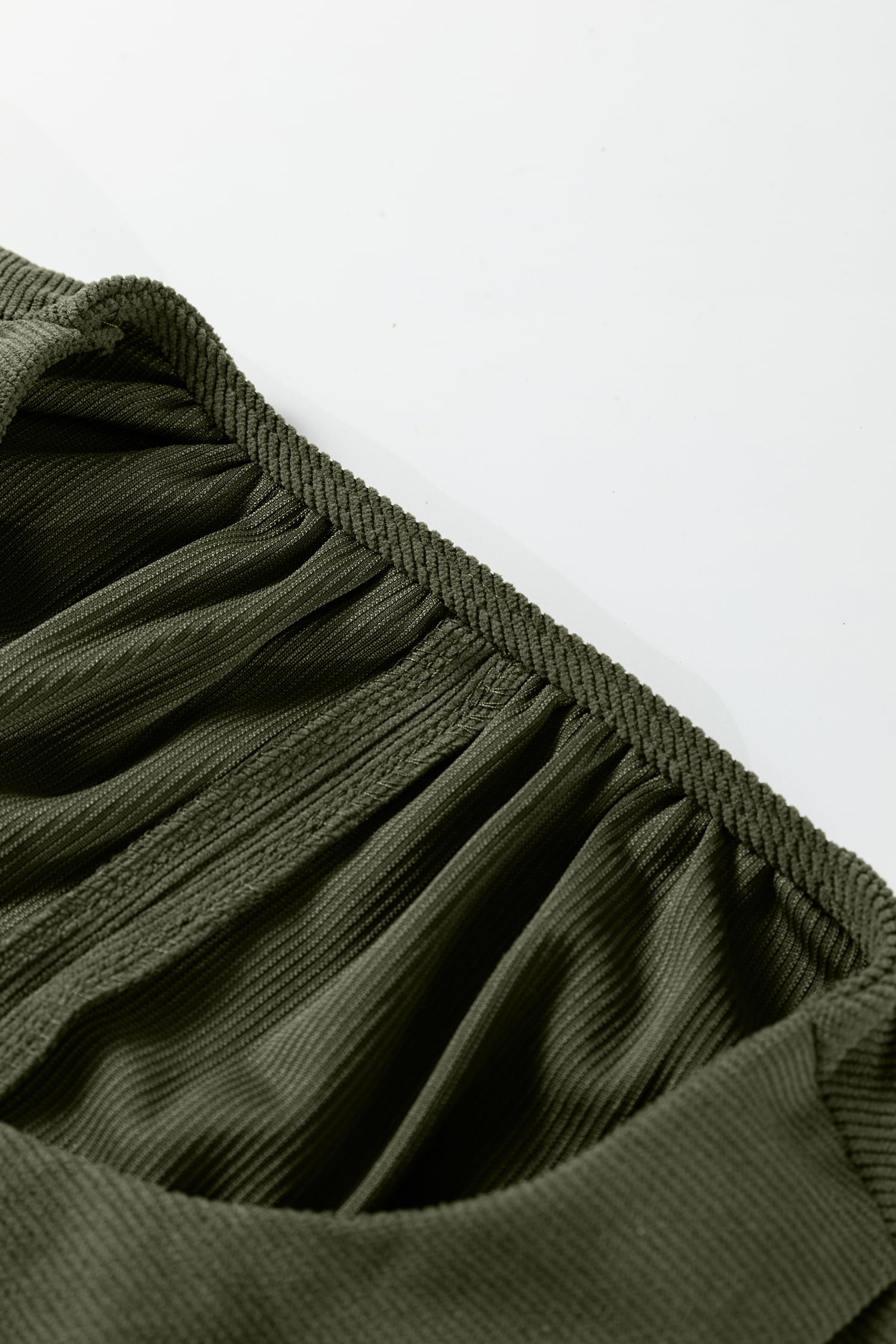 Moss Green Bracelet Sleeve Split Neck Scallop Detail Pleated Corduroy Mini Dress