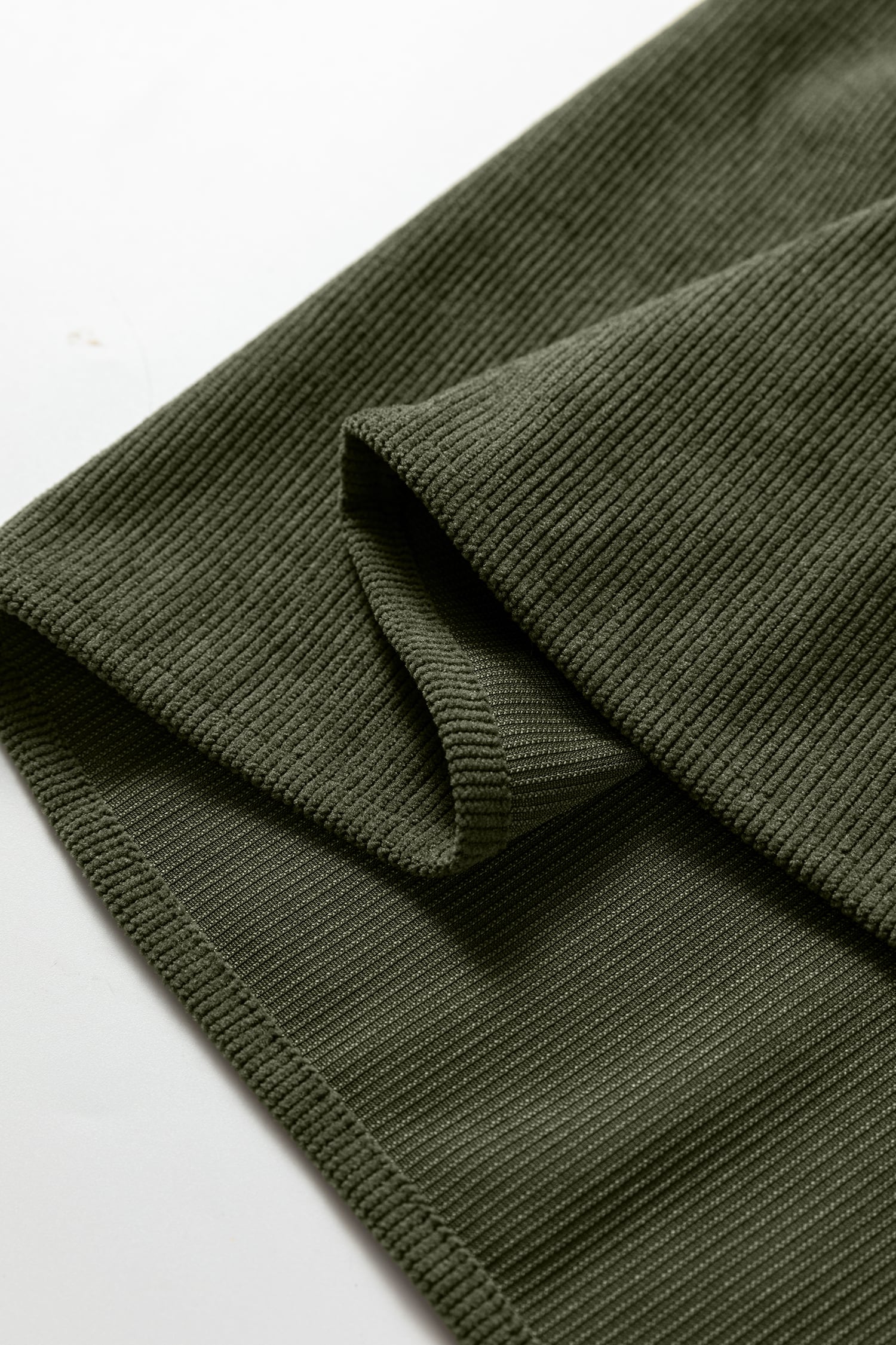 Moss Green Bracelet Sleeve Split Neck Scallop Detail Pleated Corduroy Mini Dress