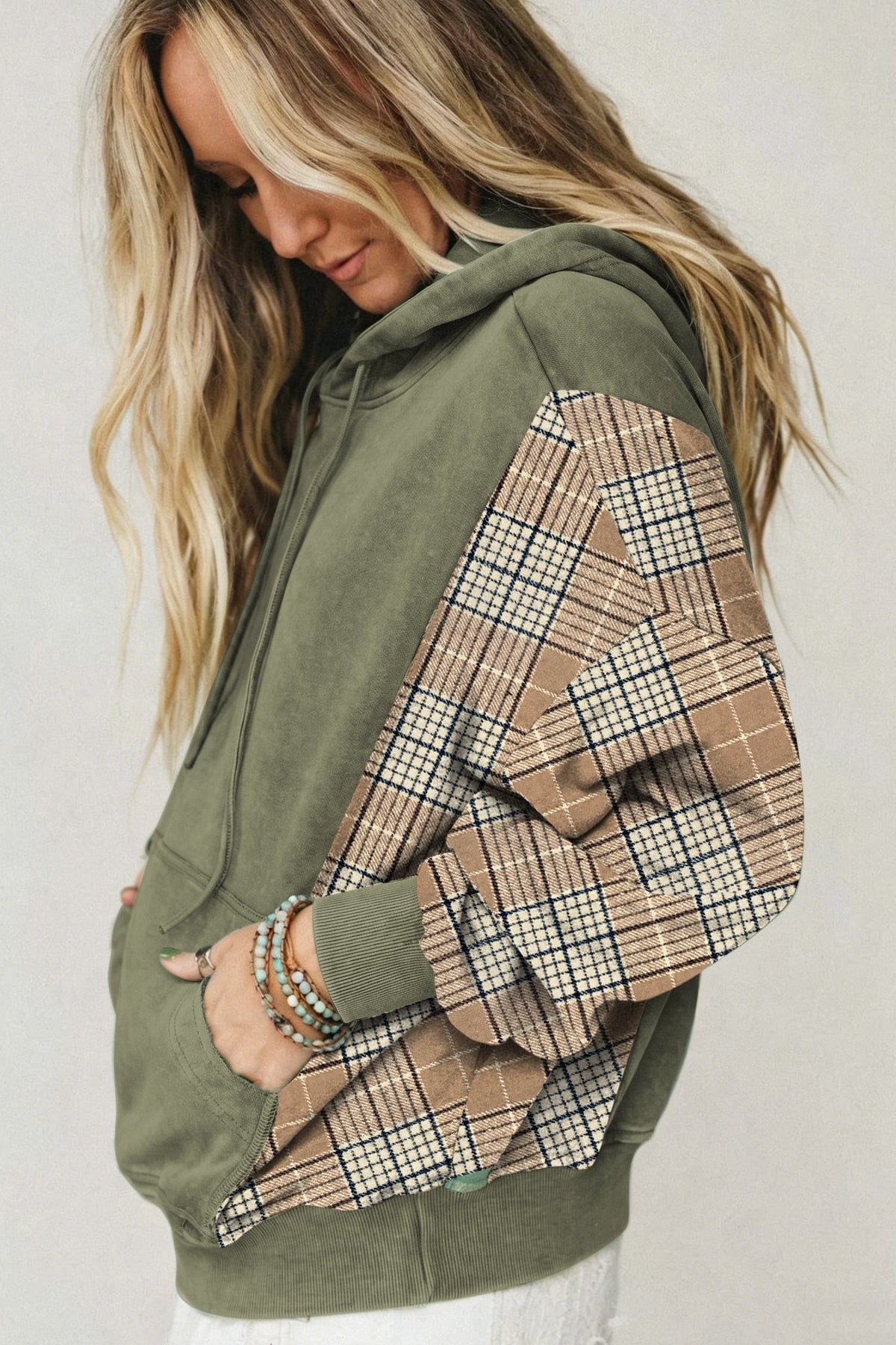 Moss Green Plaid Sleeve Drawstring Pocket Hooded Sweatshirt