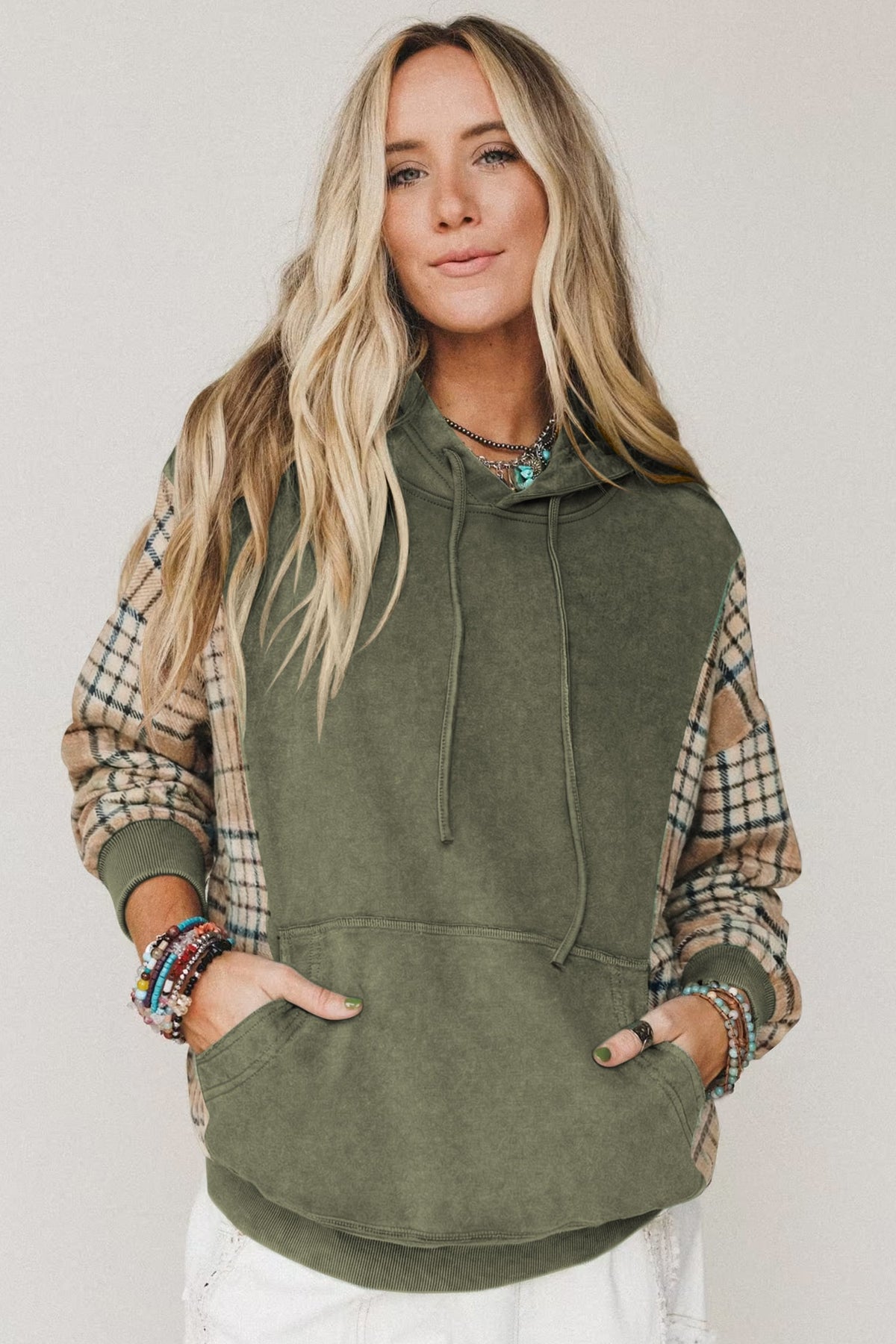 Moss Green Plaid Sleeve Drawstring Pocket Hooded Sweatshirt