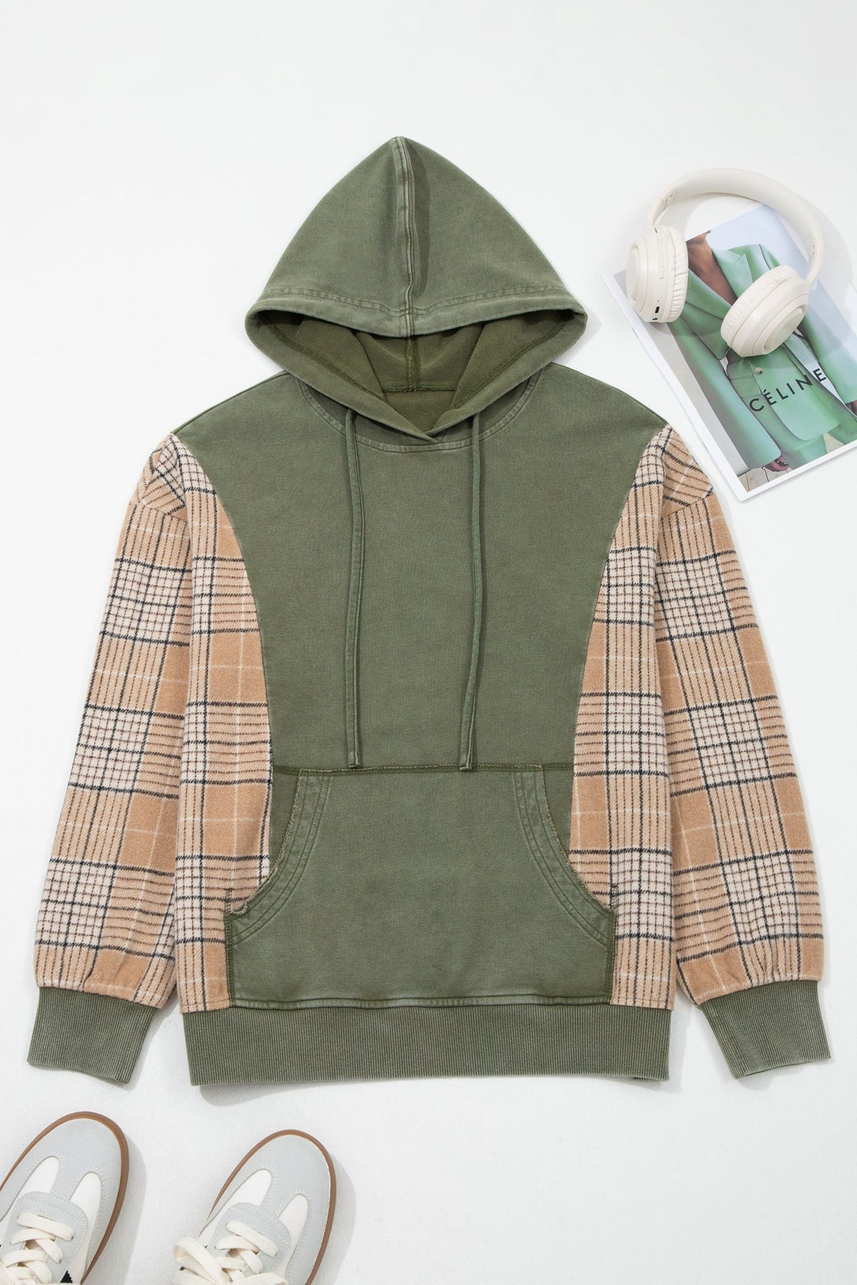 Moss Green Plaid Sleeve Drawstring Pocket Hooded Sweatshirt
