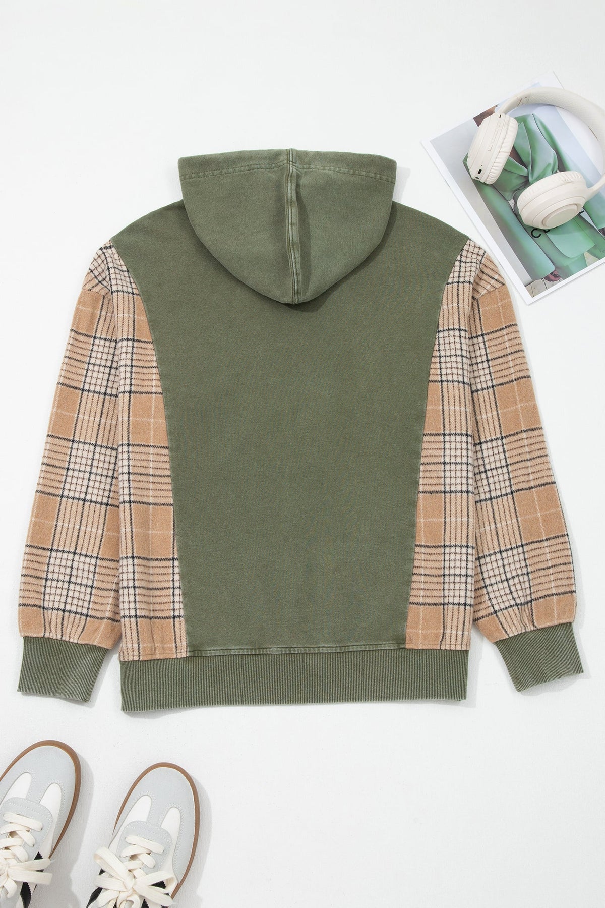 Moss Green Plaid Sleeve Drawstring Pocket Hooded Sweatshirt