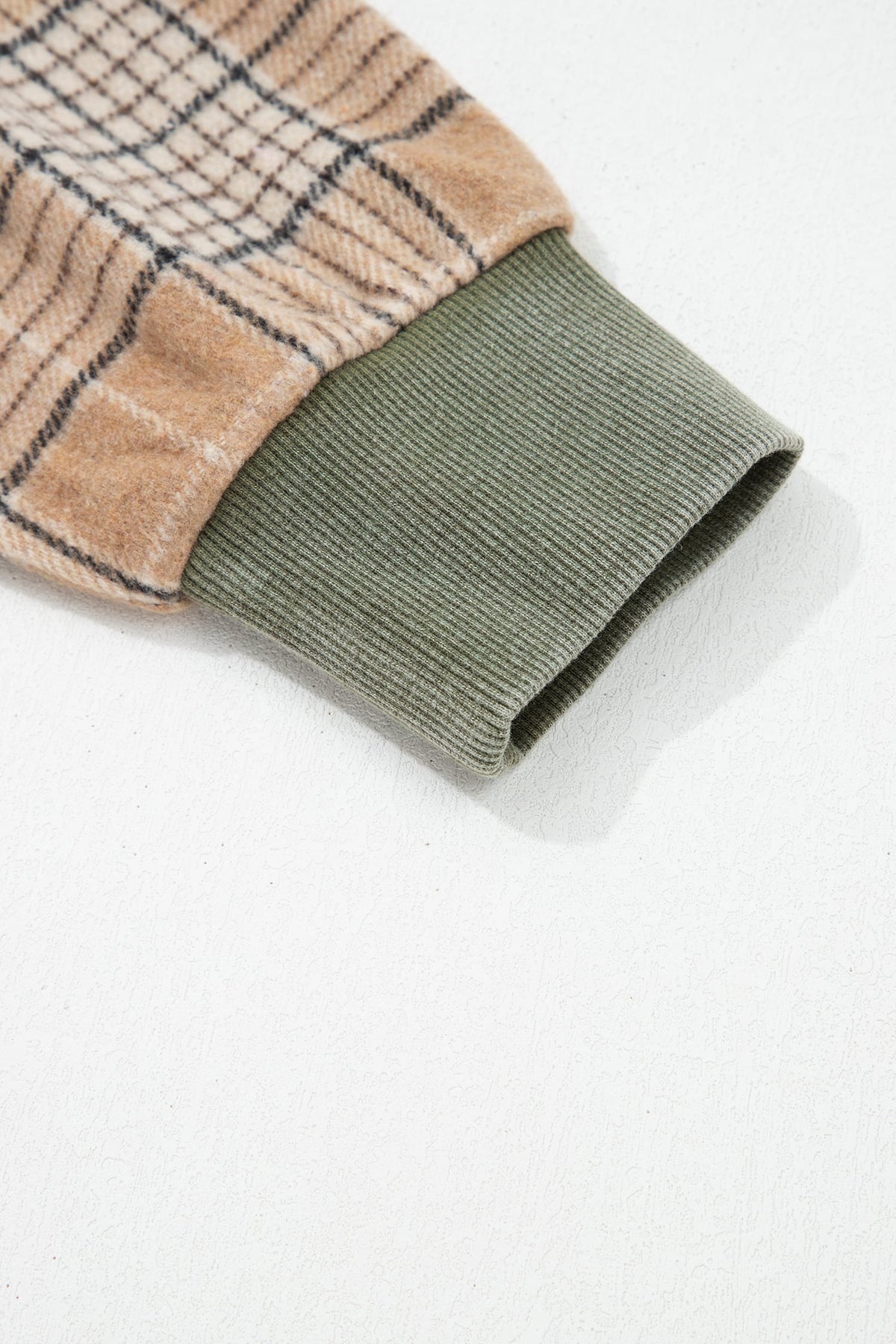 Moss Green Plaid Sleeve Drawstring Pocket Hooded Sweatshirt