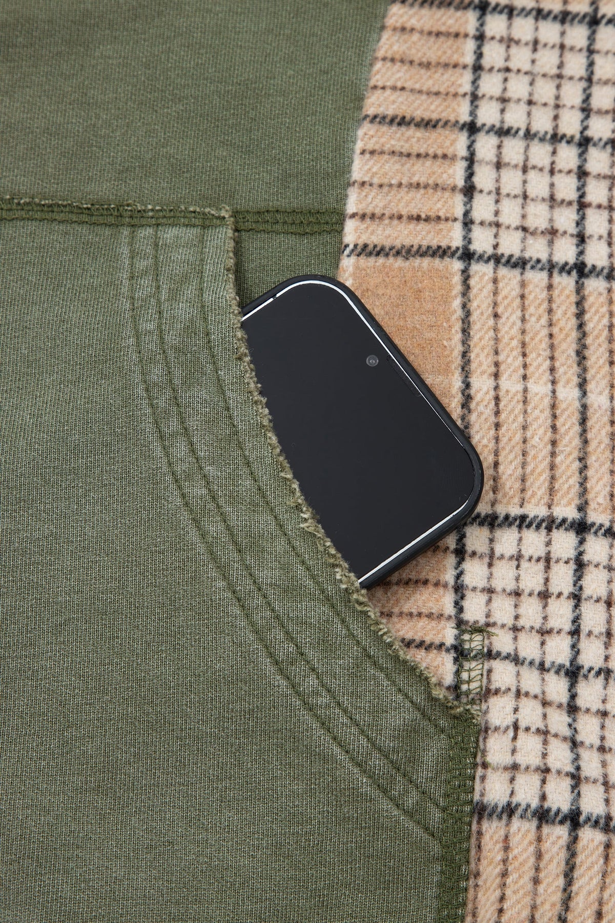Moss Green Plaid Sleeve Drawstring Pocket Hooded Sweatshirt