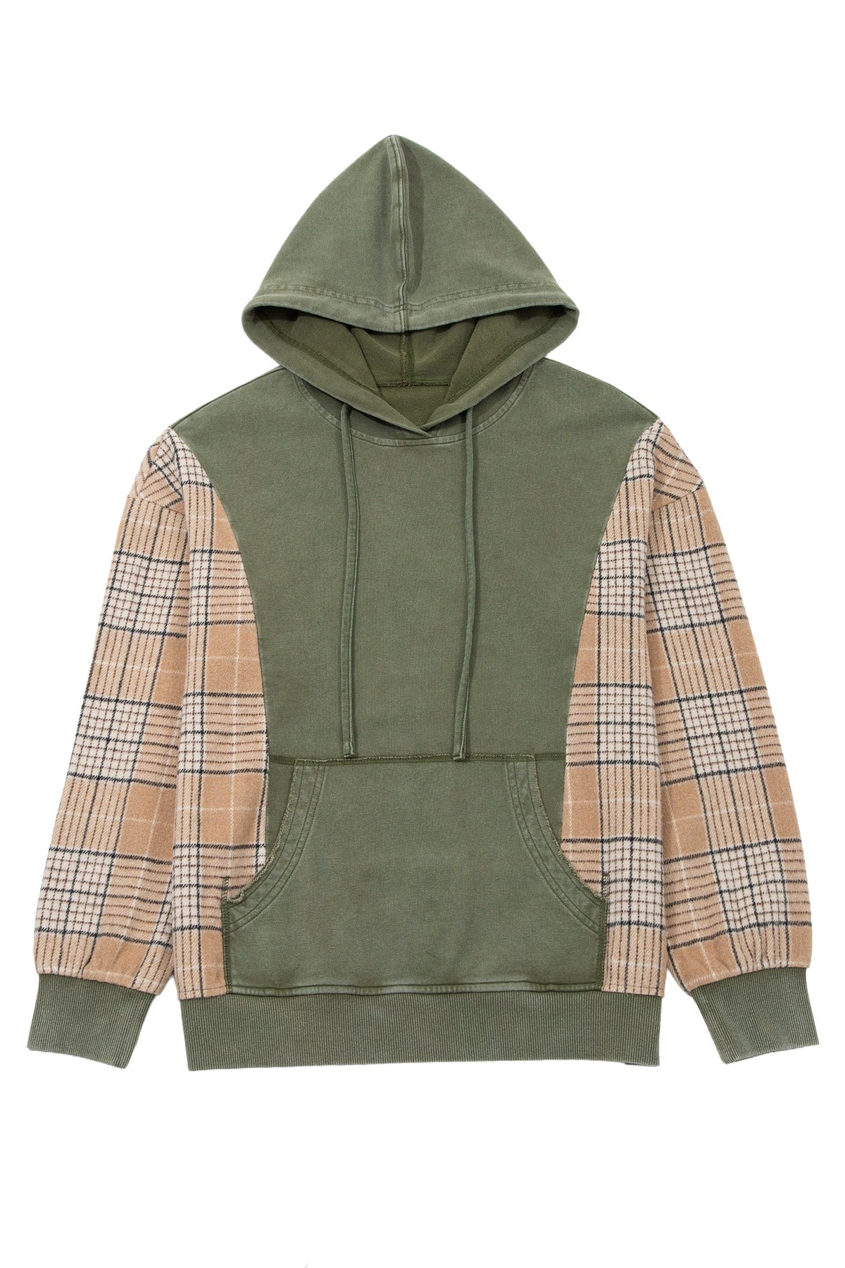 Moss Green Plaid Sleeve Drawstring Pocket Hooded Sweatshirt