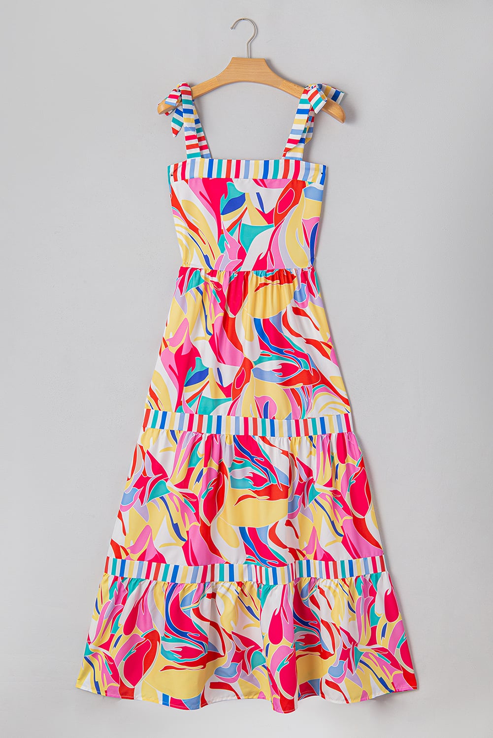 Multicolor Abstract Print Striped Trim Maxi Sundress