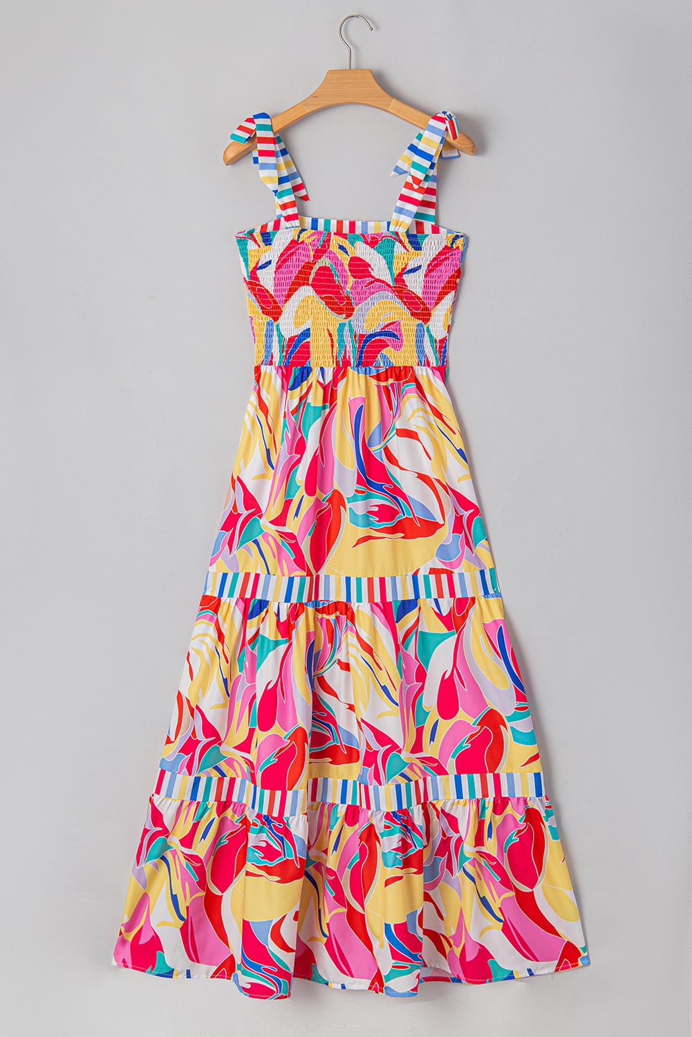 Multicolor Abstract Print Striped Trim Maxi Sundress