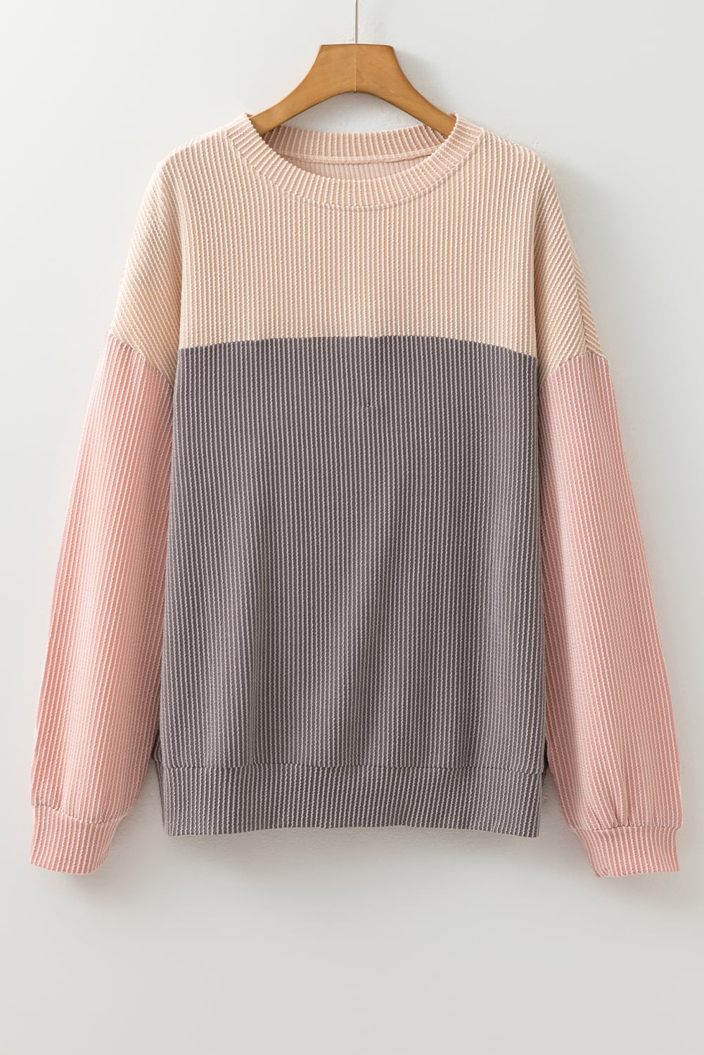 Multicolor Color Block Long Sleeve Ribbed Loose Top
