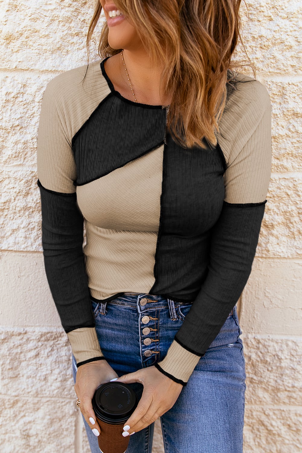 Multicolor Irregular Color Block Seaming Trim Rib Knit Top