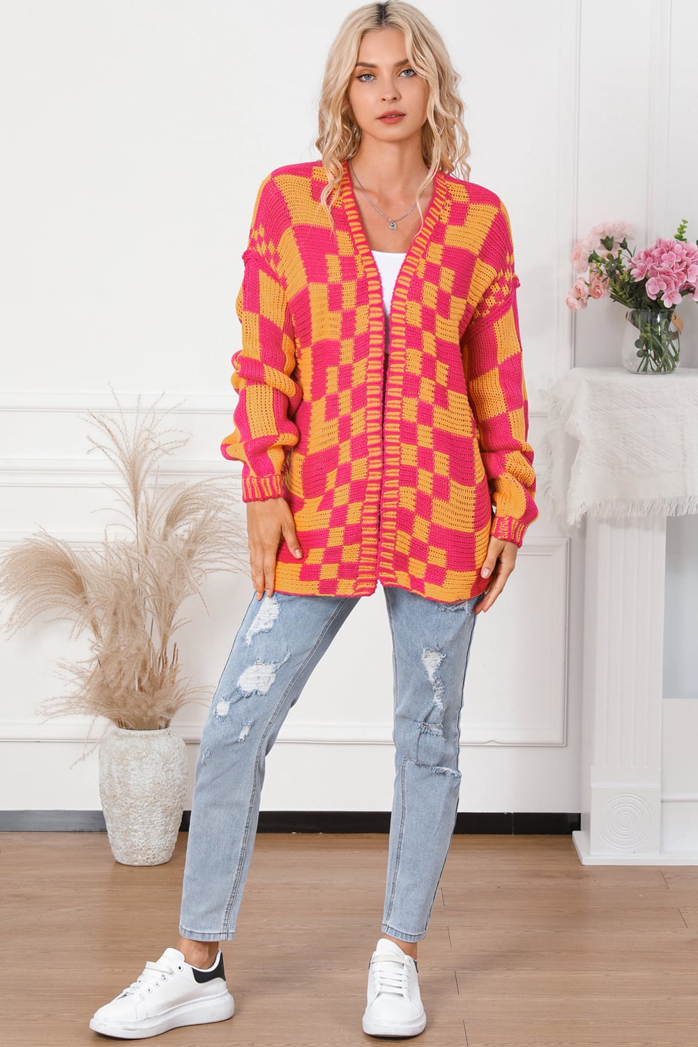 Multicolor Open Front Mixed Checkered Pattern Knit Cardigan