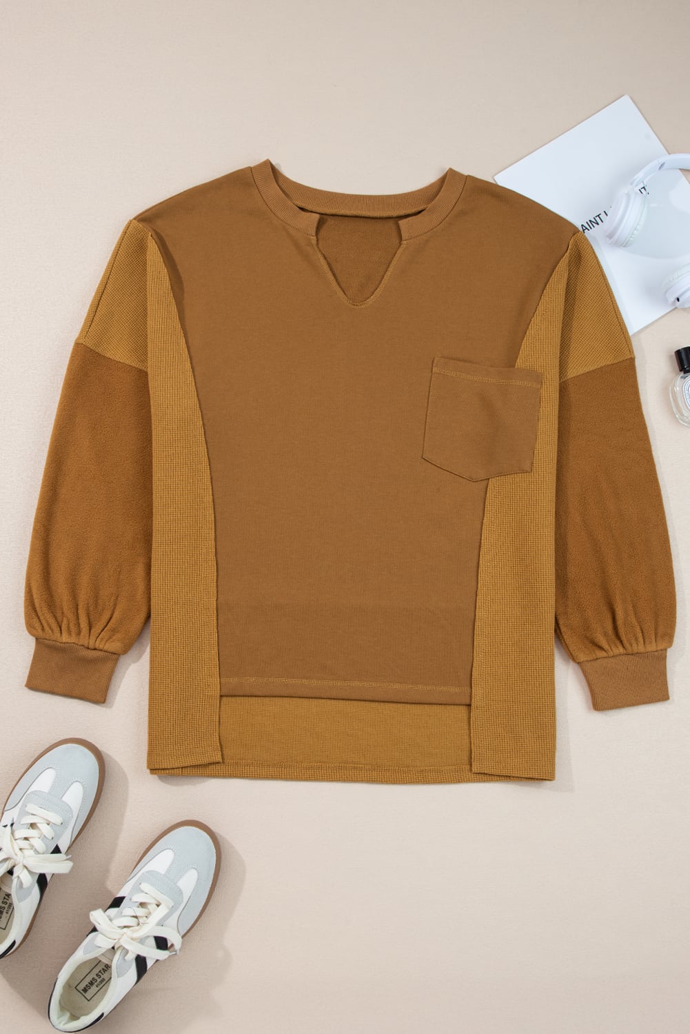 Multicolor Oversized Mixed Textured Split Neck High Low Patchwork Sweatshirt