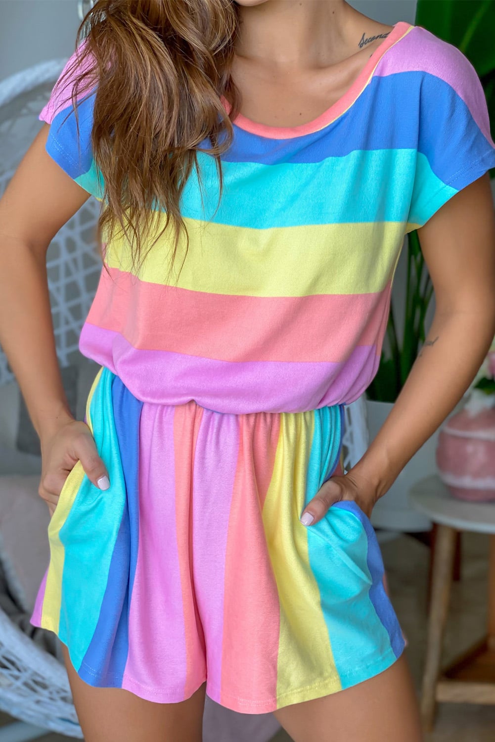Multicolor Striped Print High Waist Short Sleeve Romper with Pockets