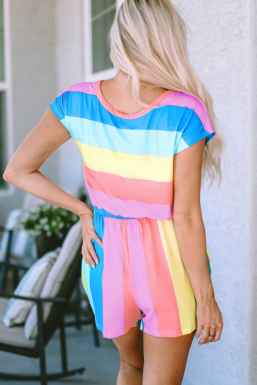 Multicolor Striped Print High Waist Short Sleeve Romper with Pockets