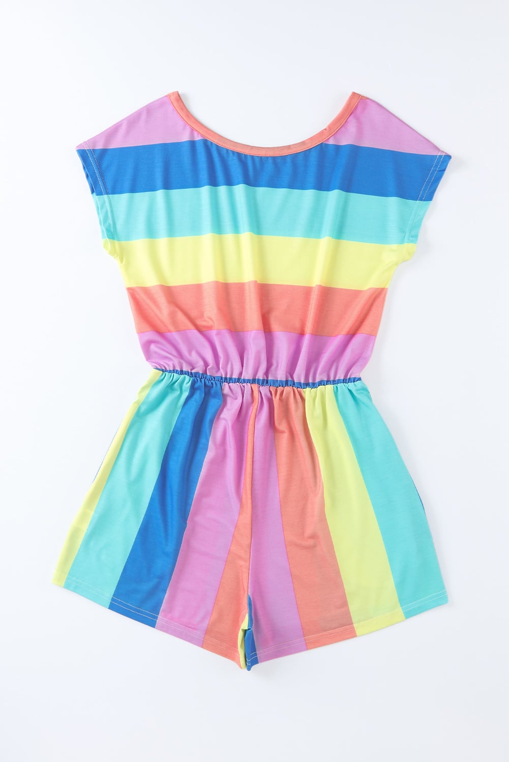 Multicolor Striped Print High Waist Short Sleeve Romper with Pockets