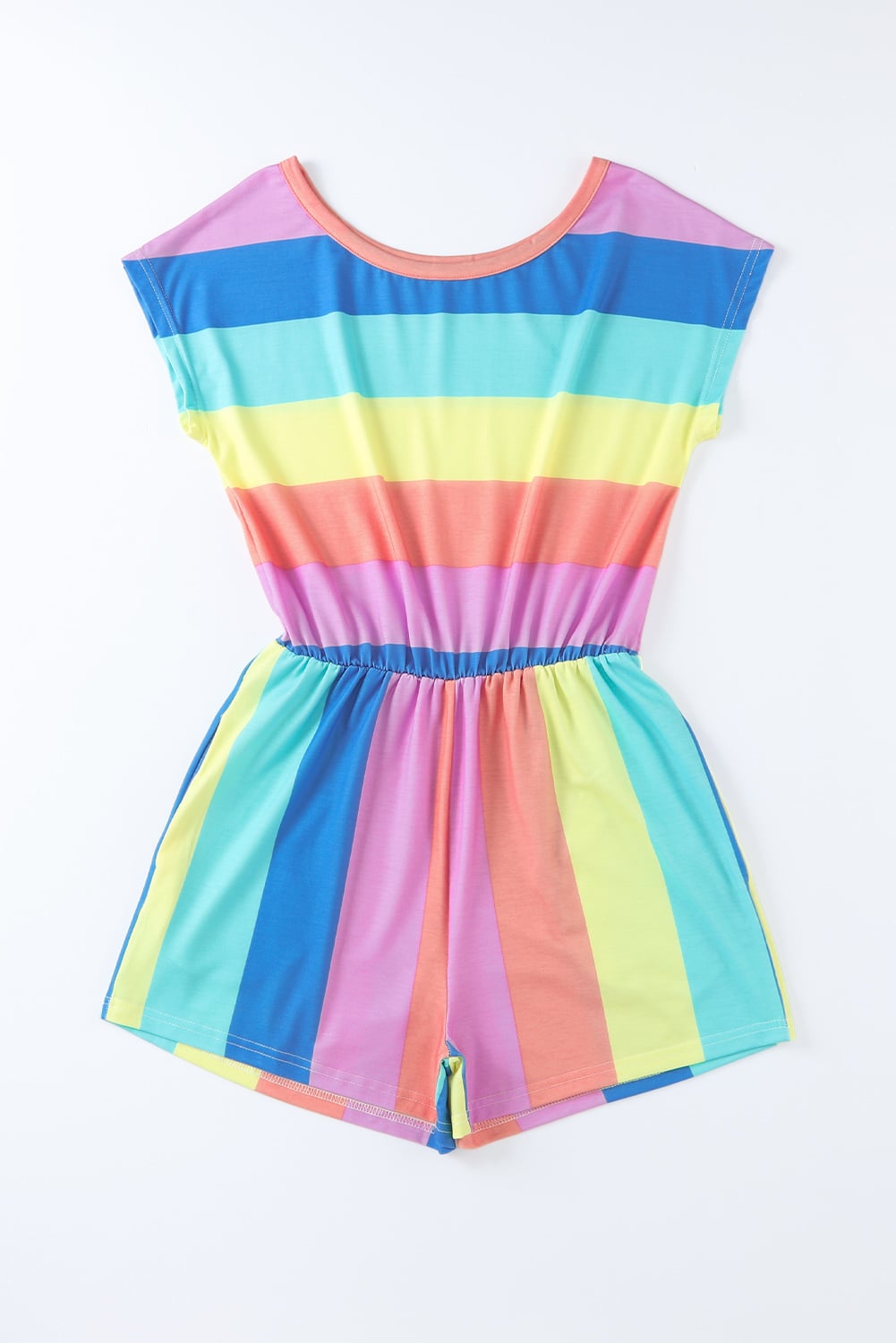 Multicolor Striped Print High Waist Short Sleeve Romper with Pockets