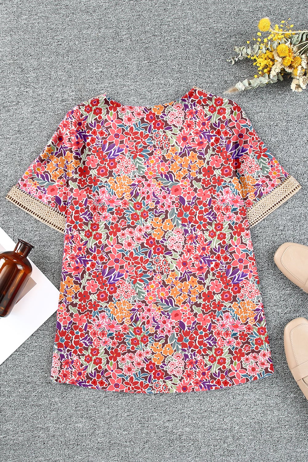 Multicolor Lace Trim V Neck Short Sleeve Blouse