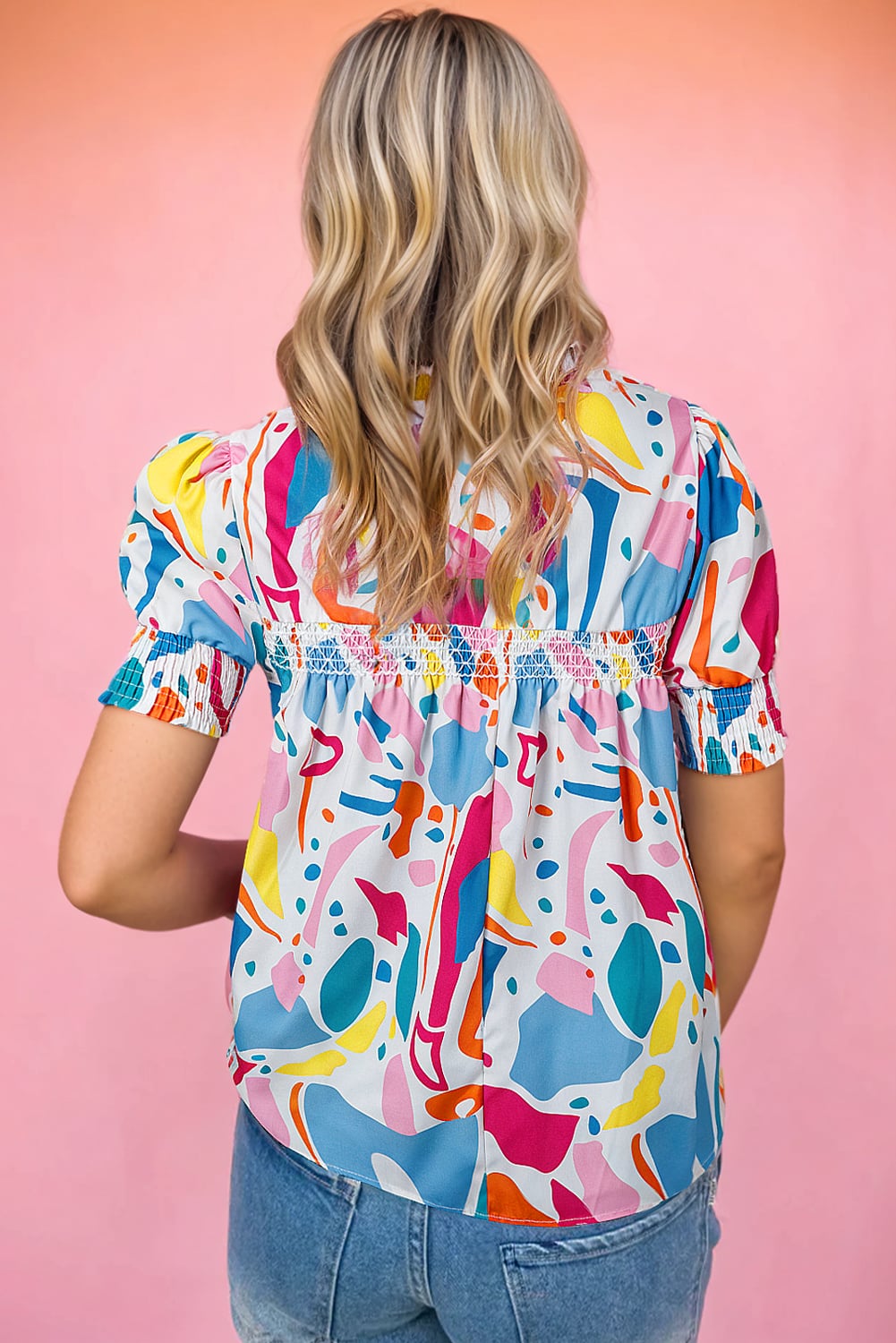 Multicolour Abstract Print Lace Detail Shirred Short Sleeve Split Neck Blouse