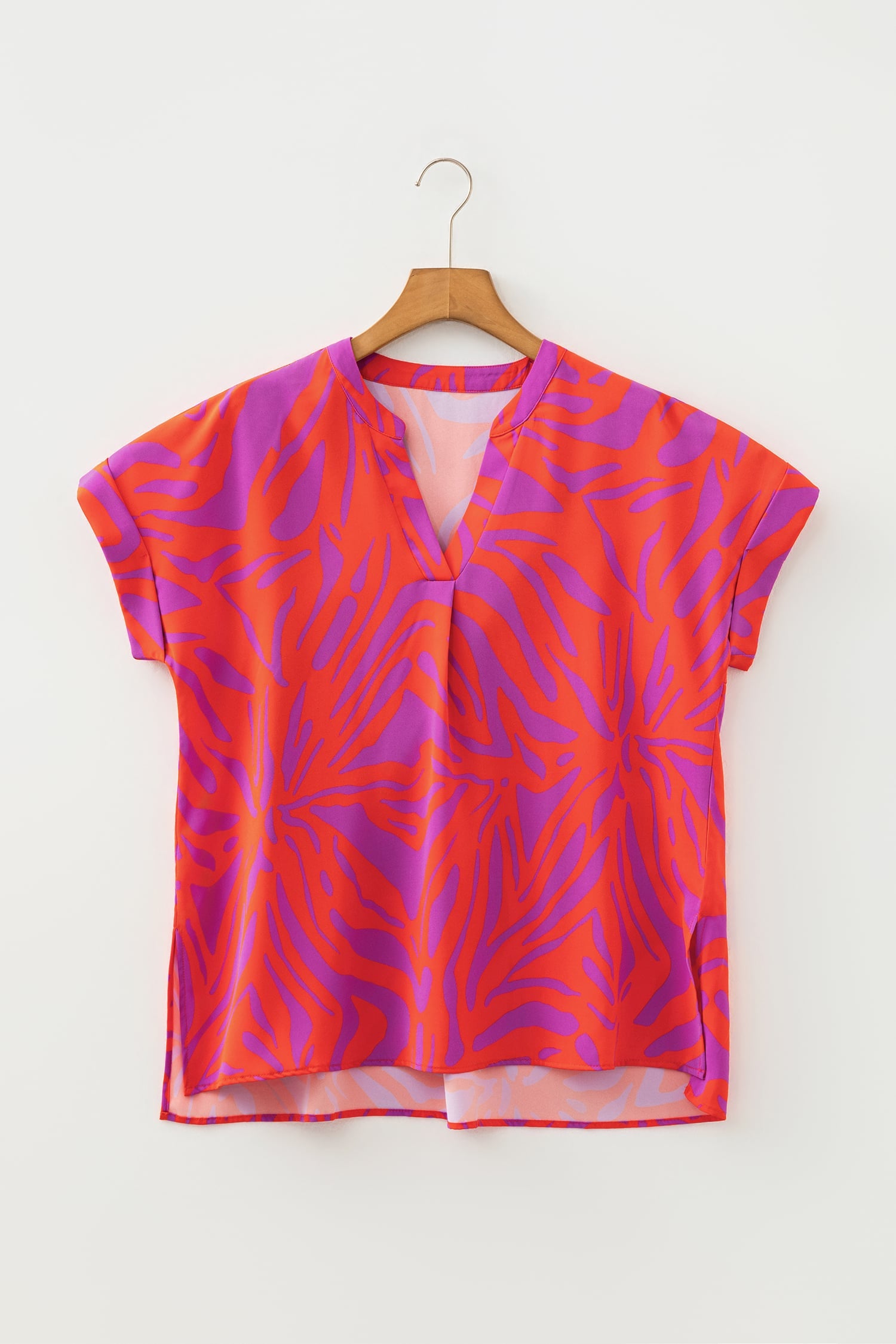 Multicolour Abstract Print V Neck Cuffed Short Sleeve Shift Slit Blouse