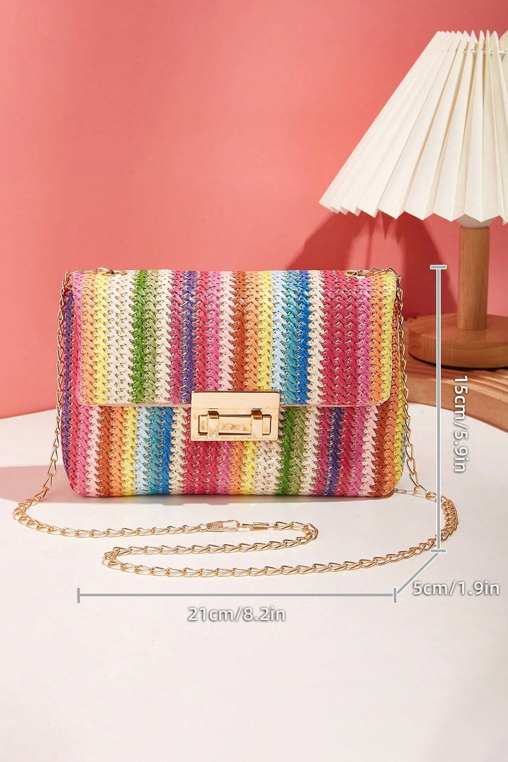 Multicolour Straw Plaited Gold Chain Clasp Closure Single Shoulder Bag