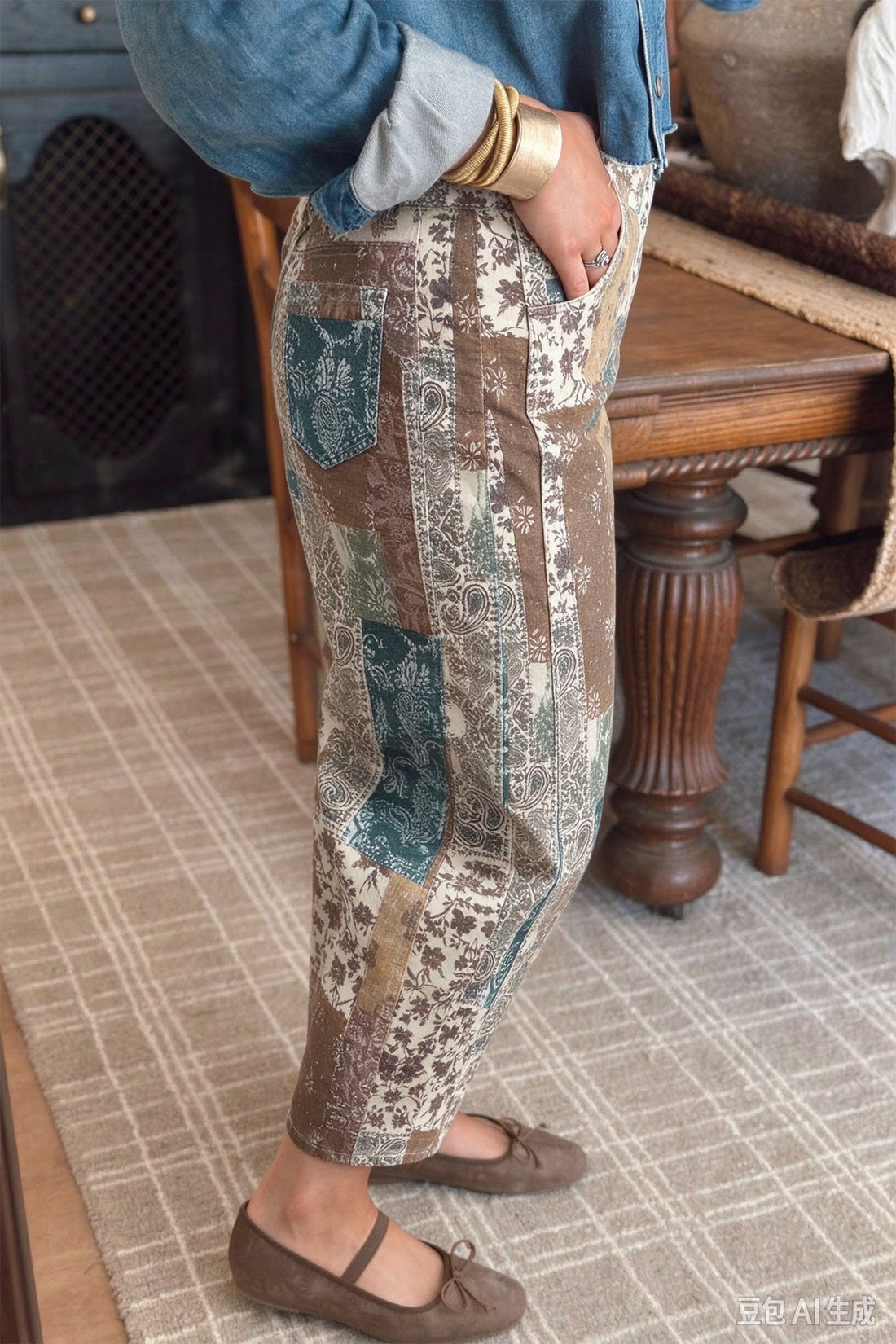 Multicolour Boho Floral Patchwork Western Print Straight Leg Ankle-Length Jeans