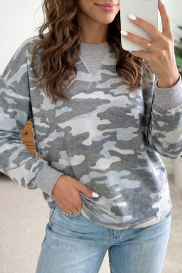 Multicolour Camouflage Long Sleeve Round Neck Shift Pullover Top