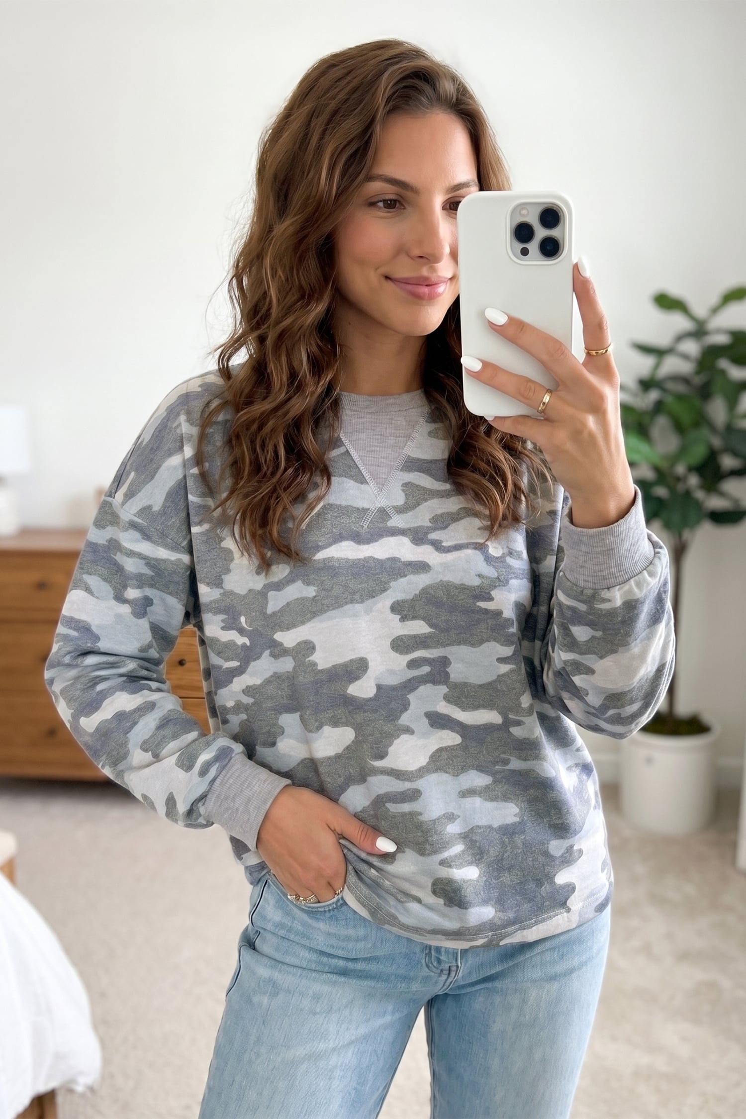 Multicolour Camouflage Long Sleeve Round Neck Shift Pullover Top