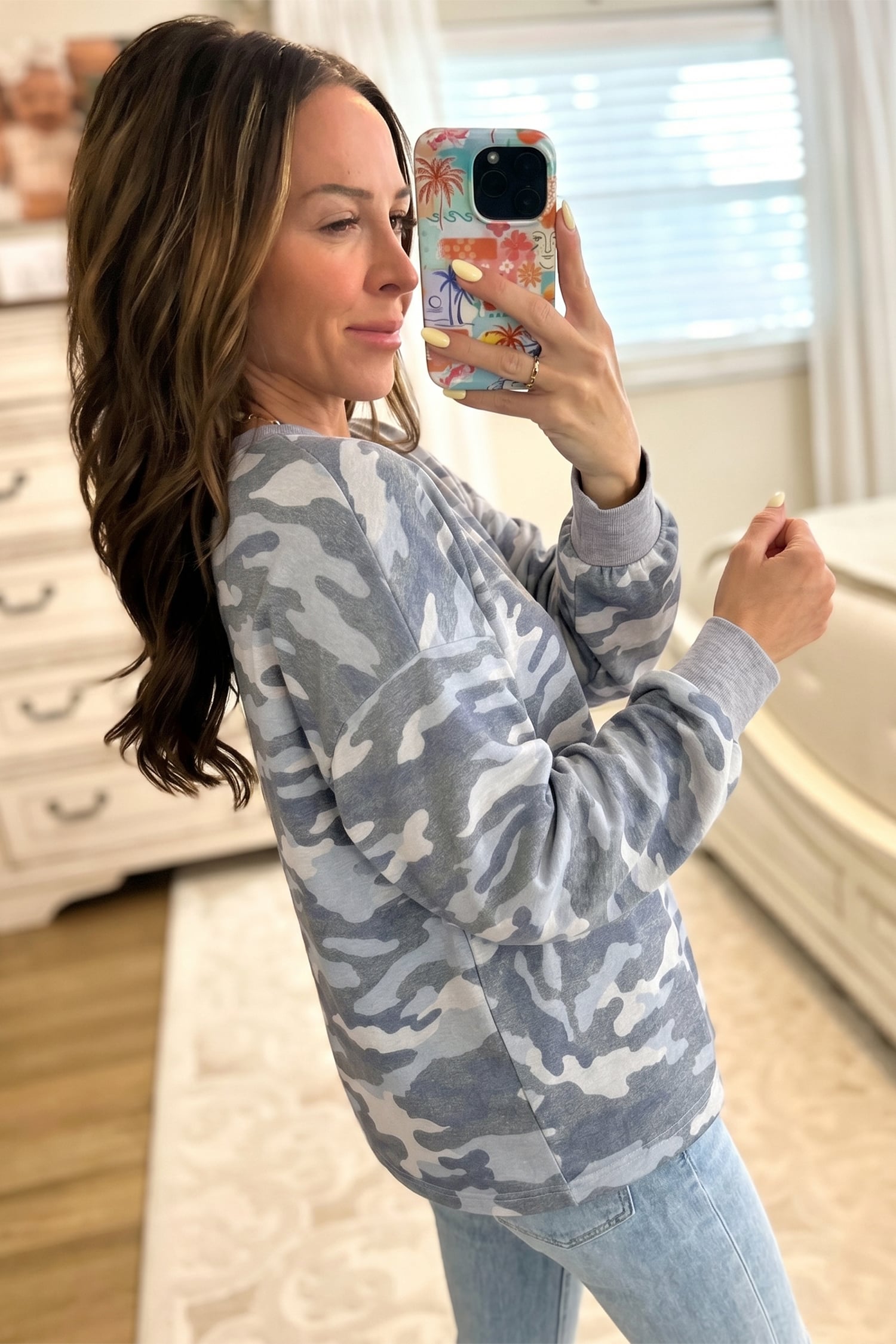 Multicolour Camouflage Long Sleeve Round Neck Shift Pullover Top