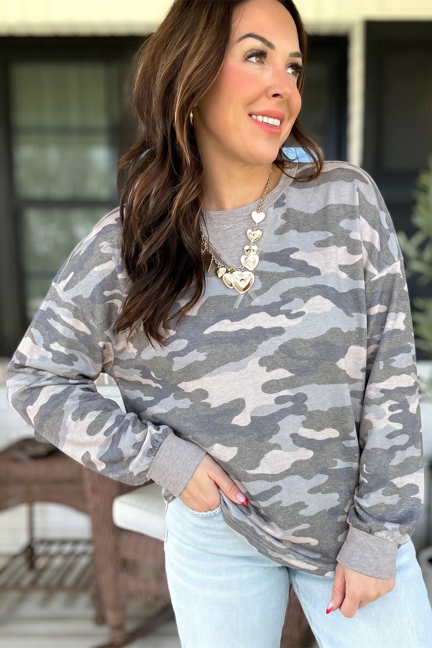 Multicolour Camouflage Long Sleeve Round Neck Shift Pullover Top
