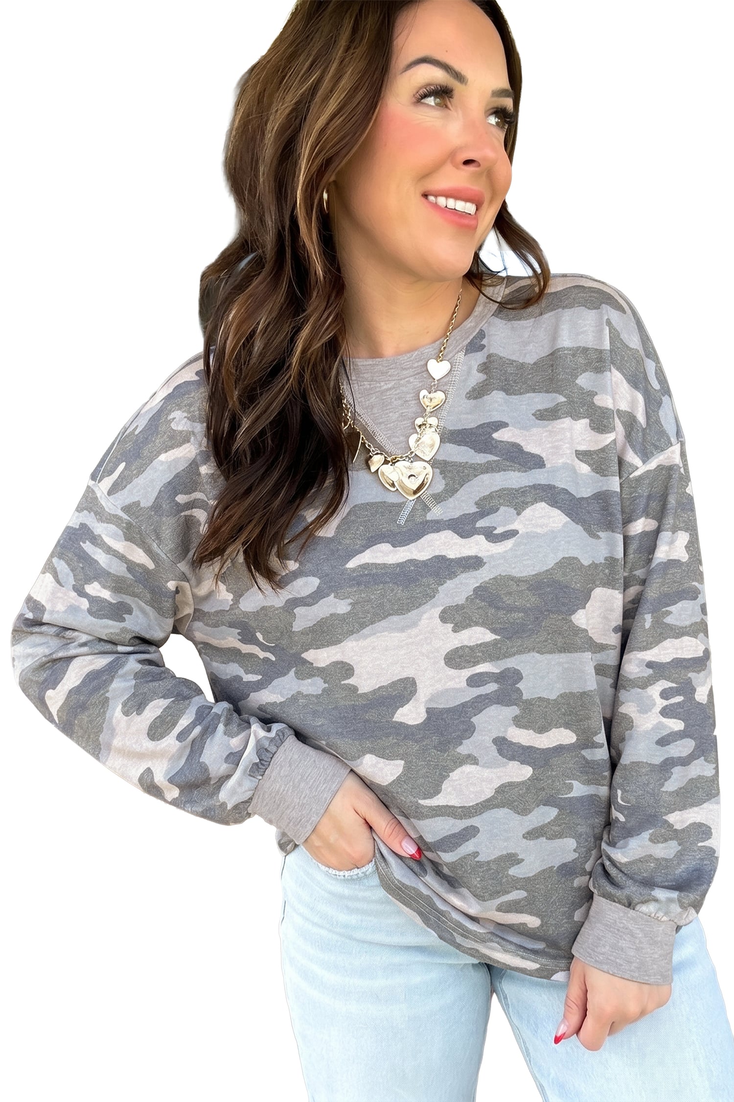 Multicolour Camouflage Long Sleeve Round Neck Shift Pullover Top